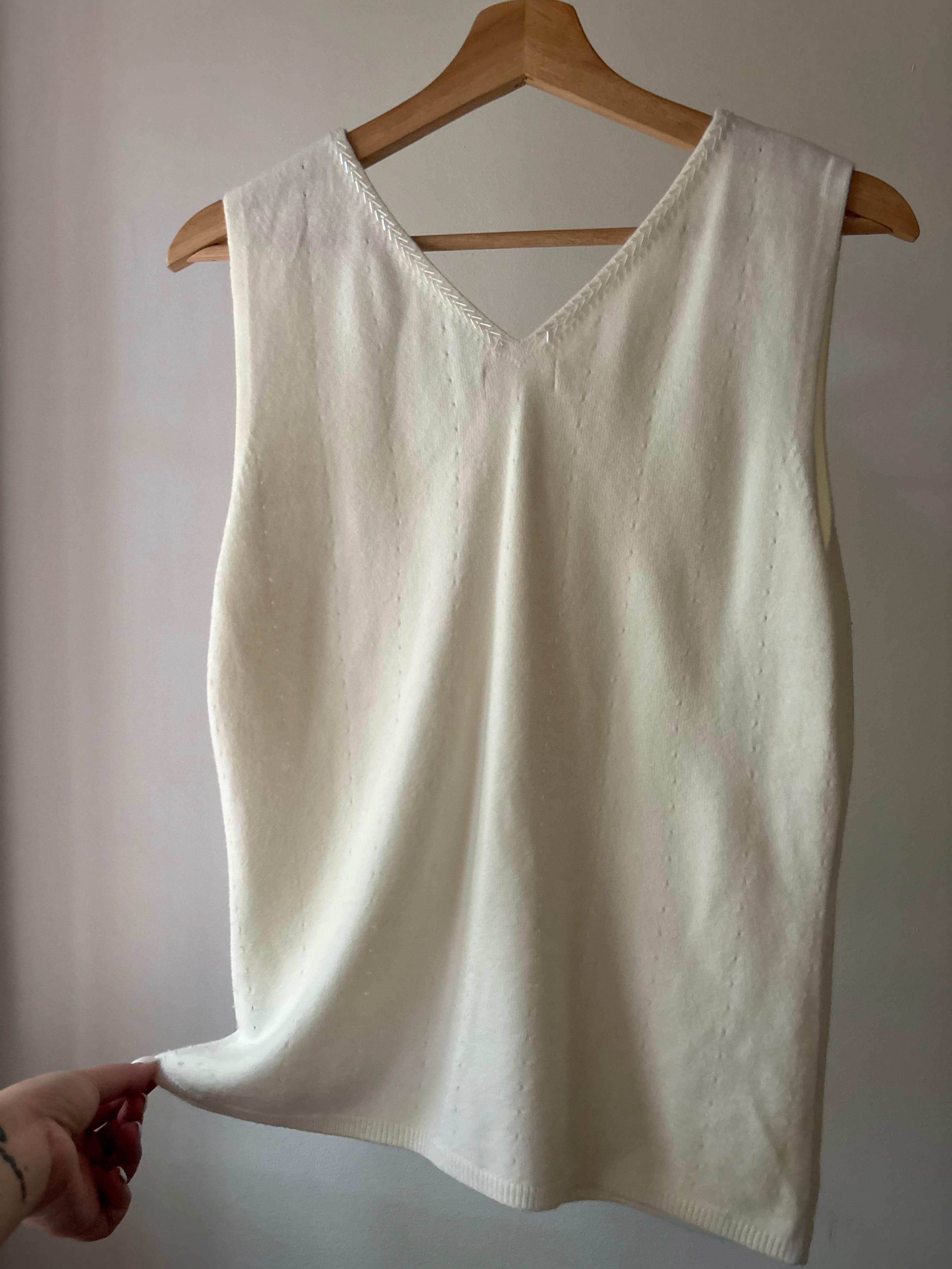 1990s Soft Cream Knit Top with Rose & Beads
