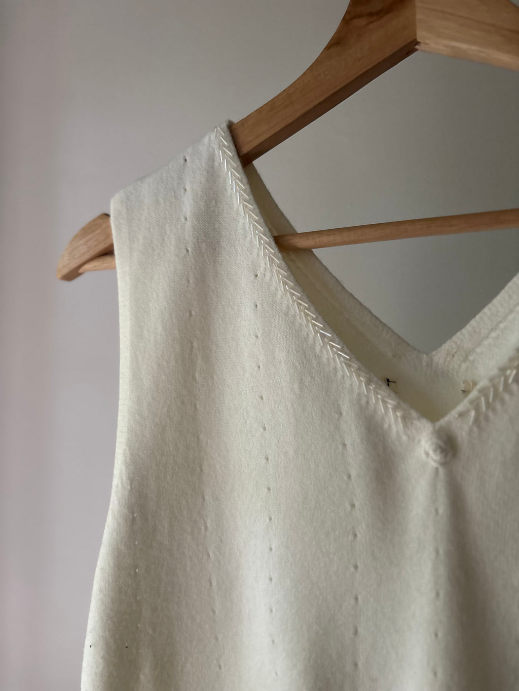 1990s Soft Cream Knit Top with Rose & Beads