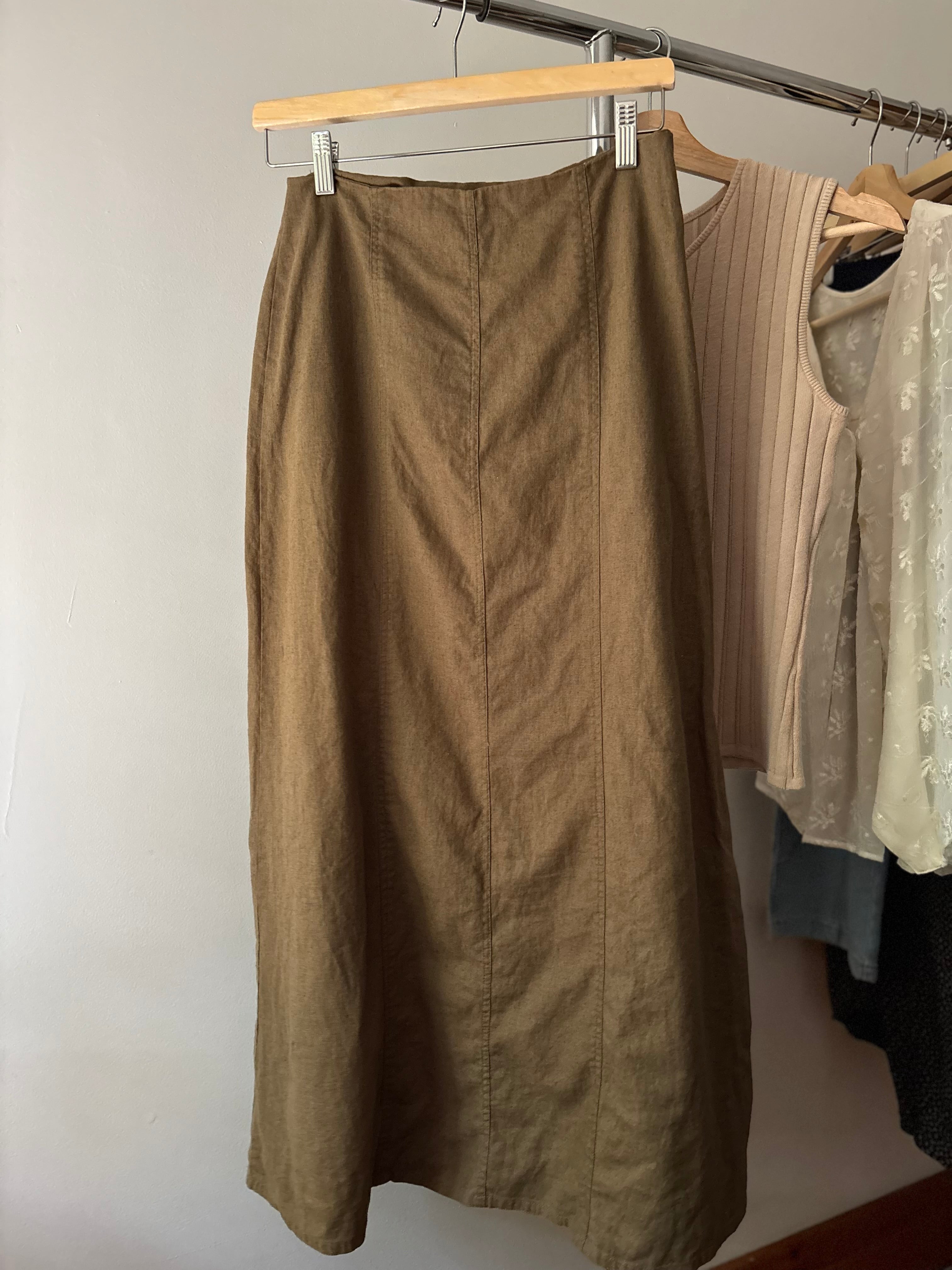1990s Olive Linen Maxi Skirt with Pocket | Size 26”