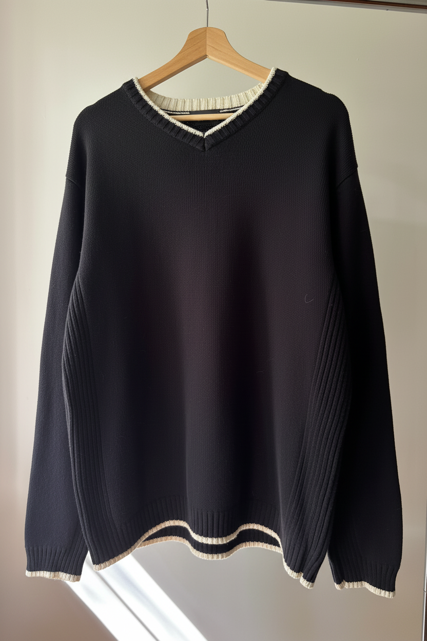 Y2K Navy Blue & Cream Trim Cotton Sweater