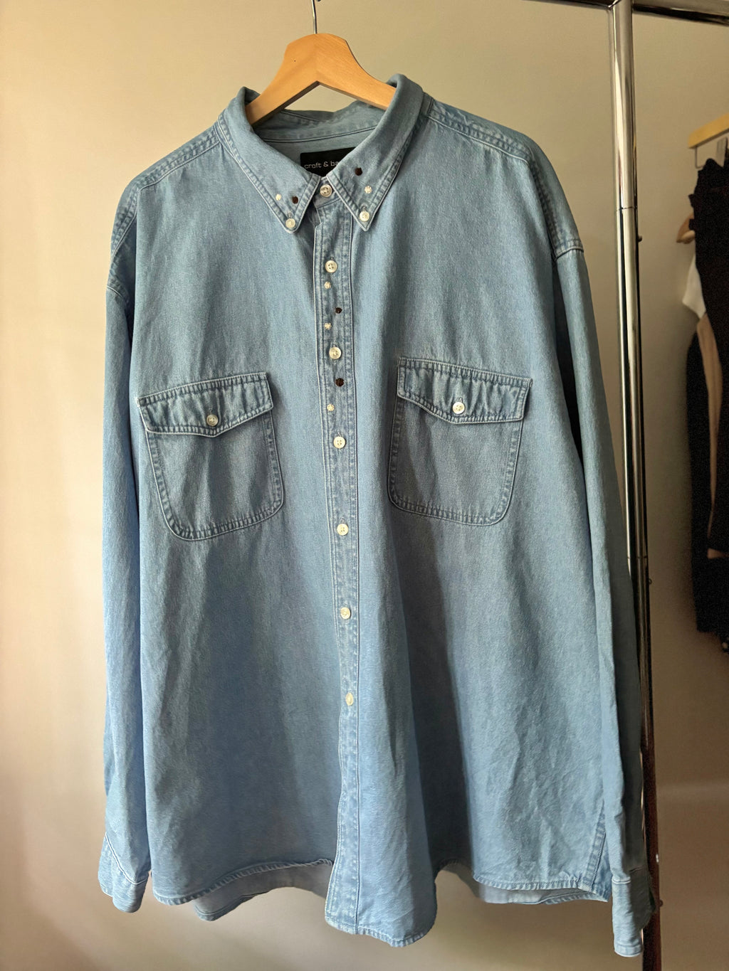Upcycled Embroidered Vintage Light Wash Denim Shirt with Polka Dots