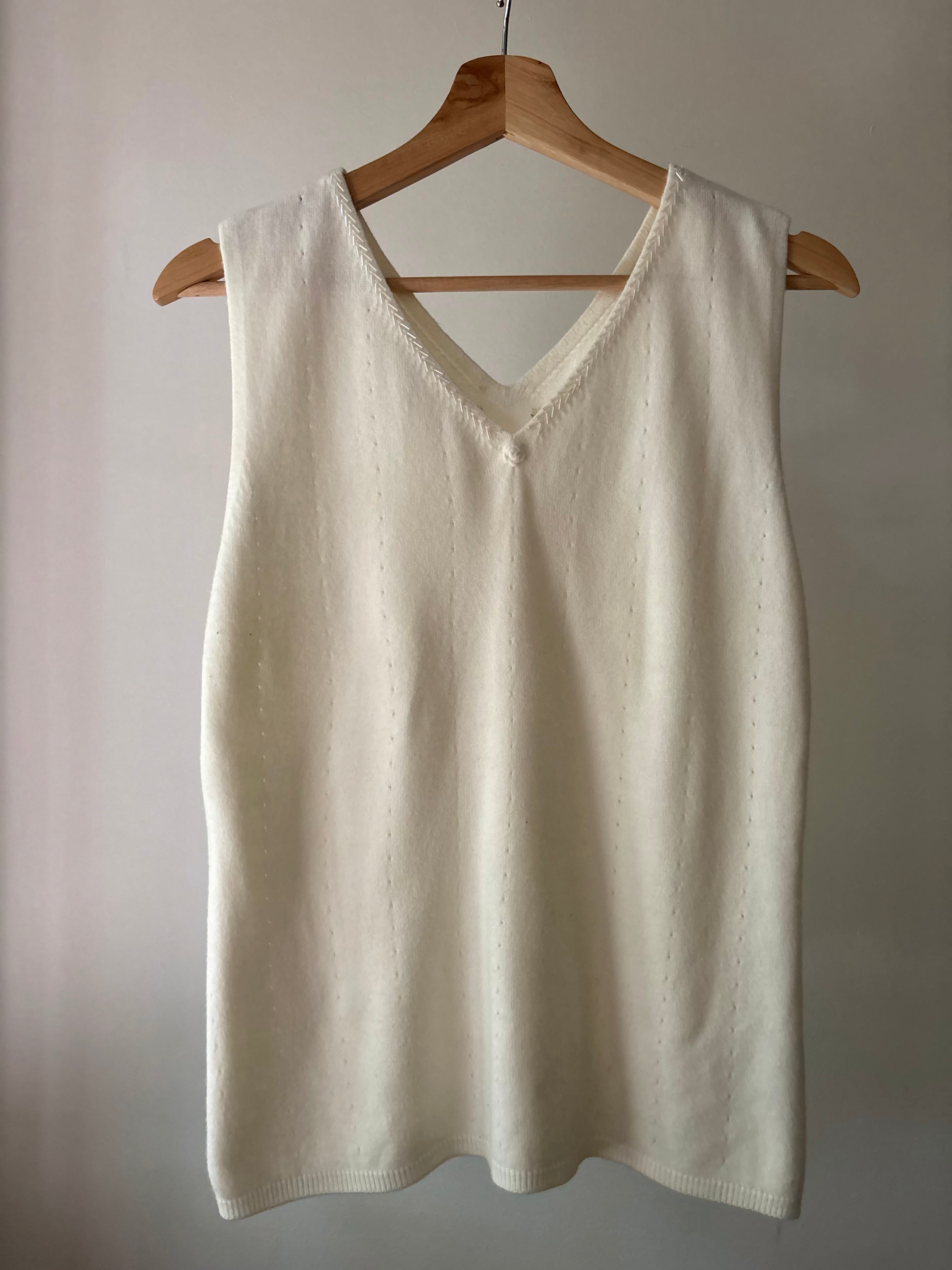 1990s Soft Cream Knit Top with Rose & Beads