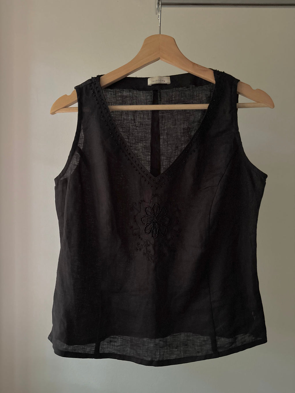 Y2K Black Linen Top with Beaded Flower