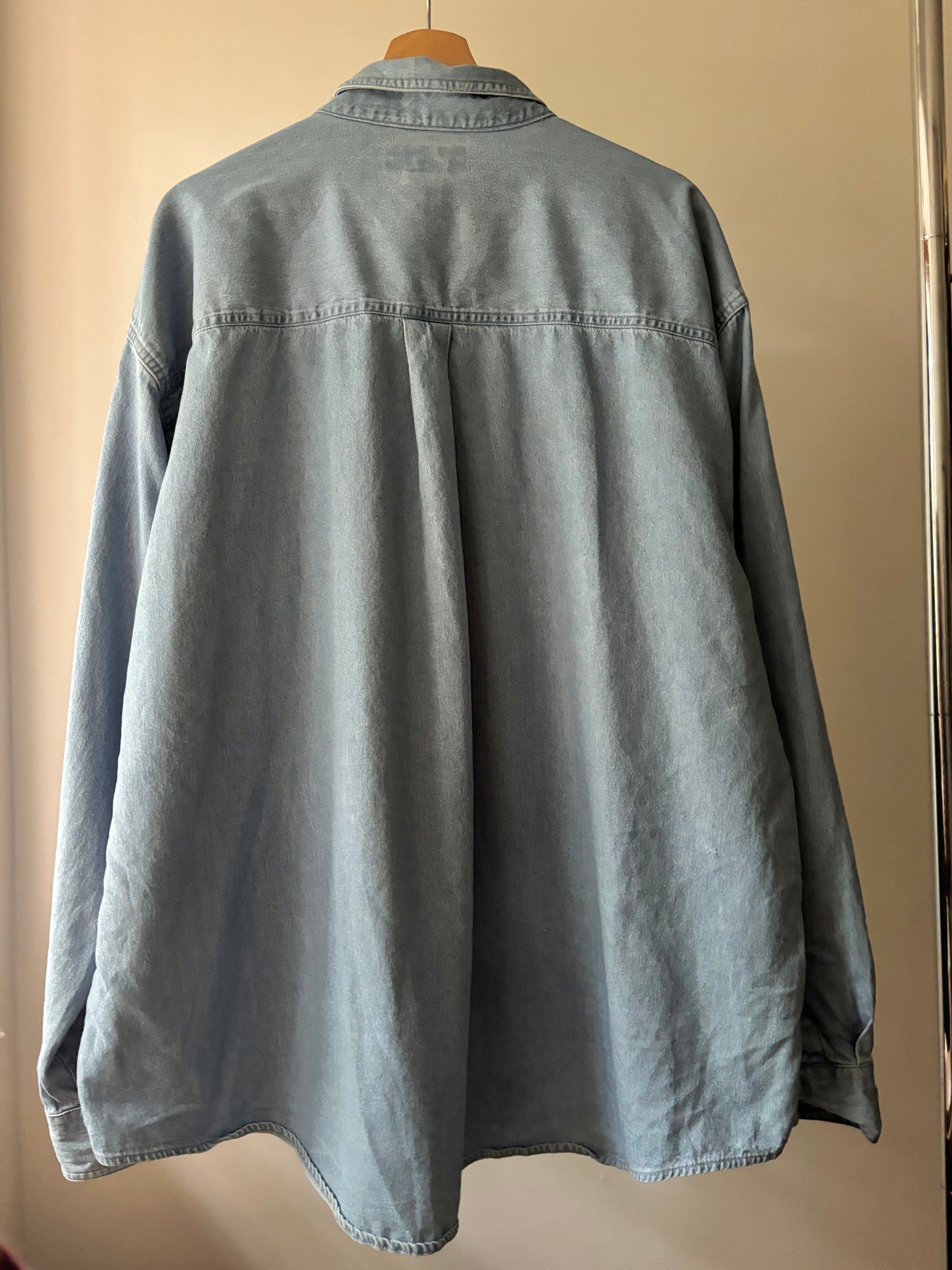 Upcycled Embroidered Vintage Light Wash Denim Shirt with Polka Dots