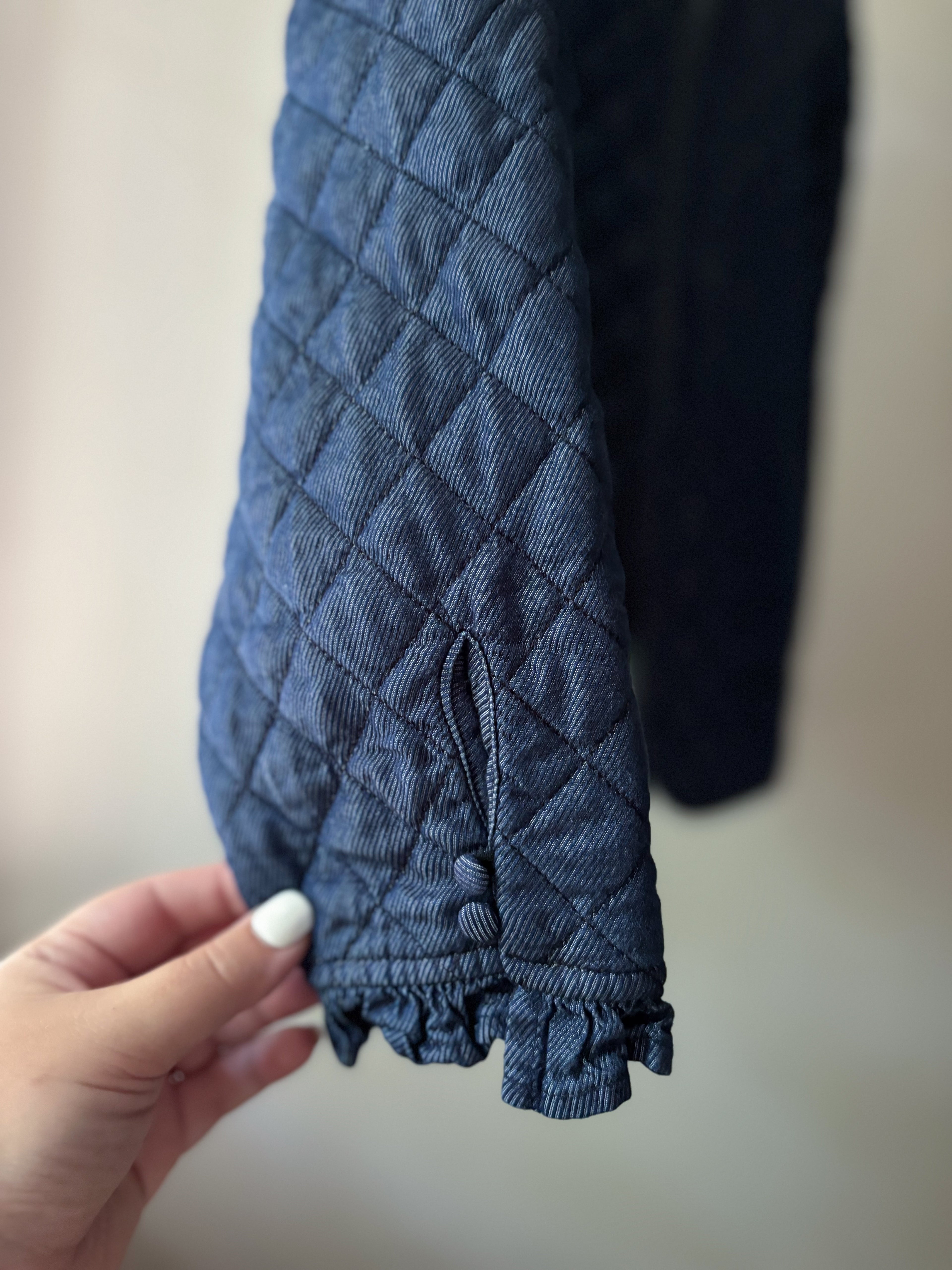 Quilted Blue Cotton Jacket with Ruffle Trim