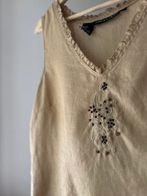 1990s Beaded Linen Top with Ruffle Hem