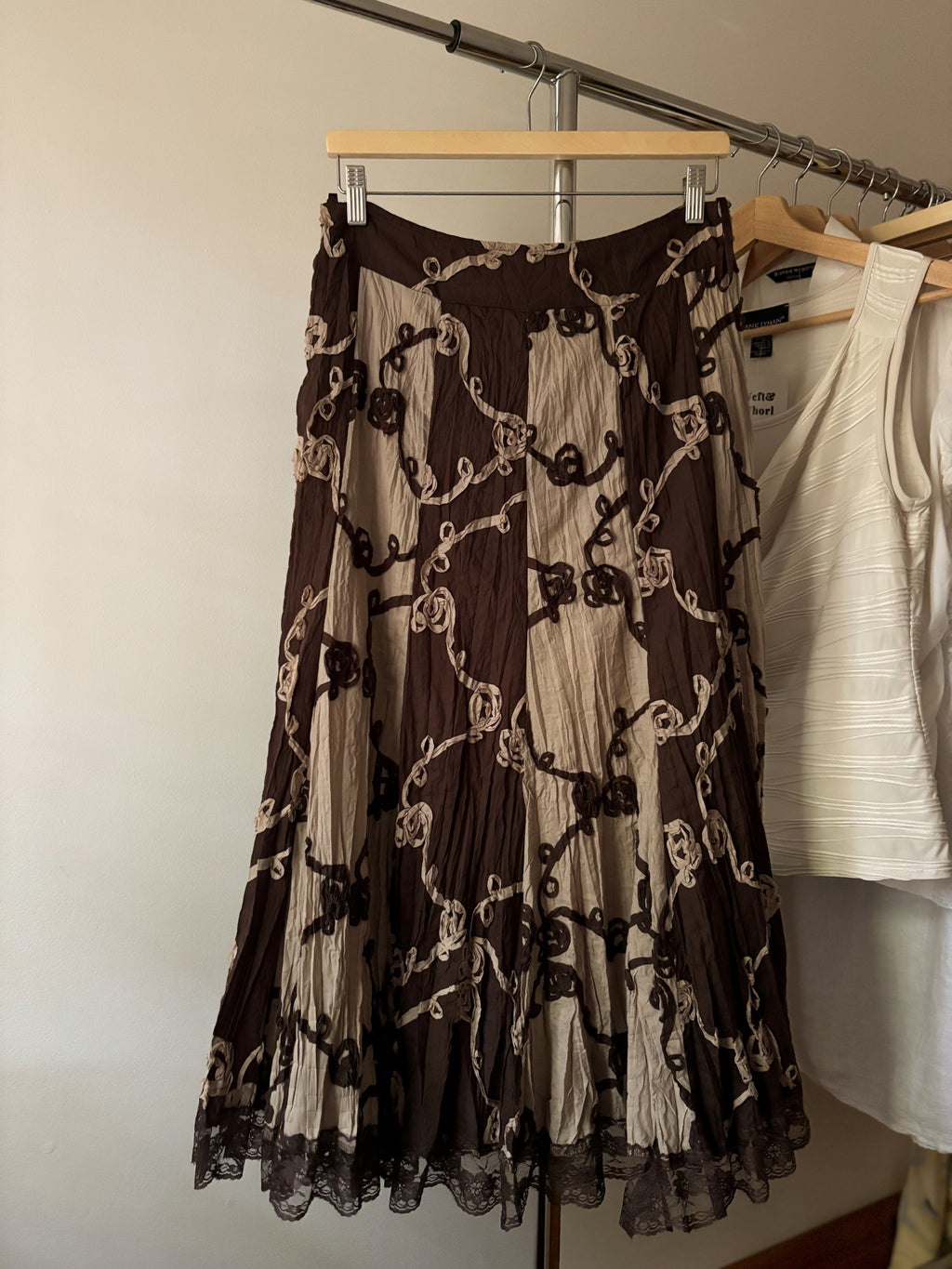 Y2K Brown Textured Maxi Skirt with Lace Trim | Size 31”