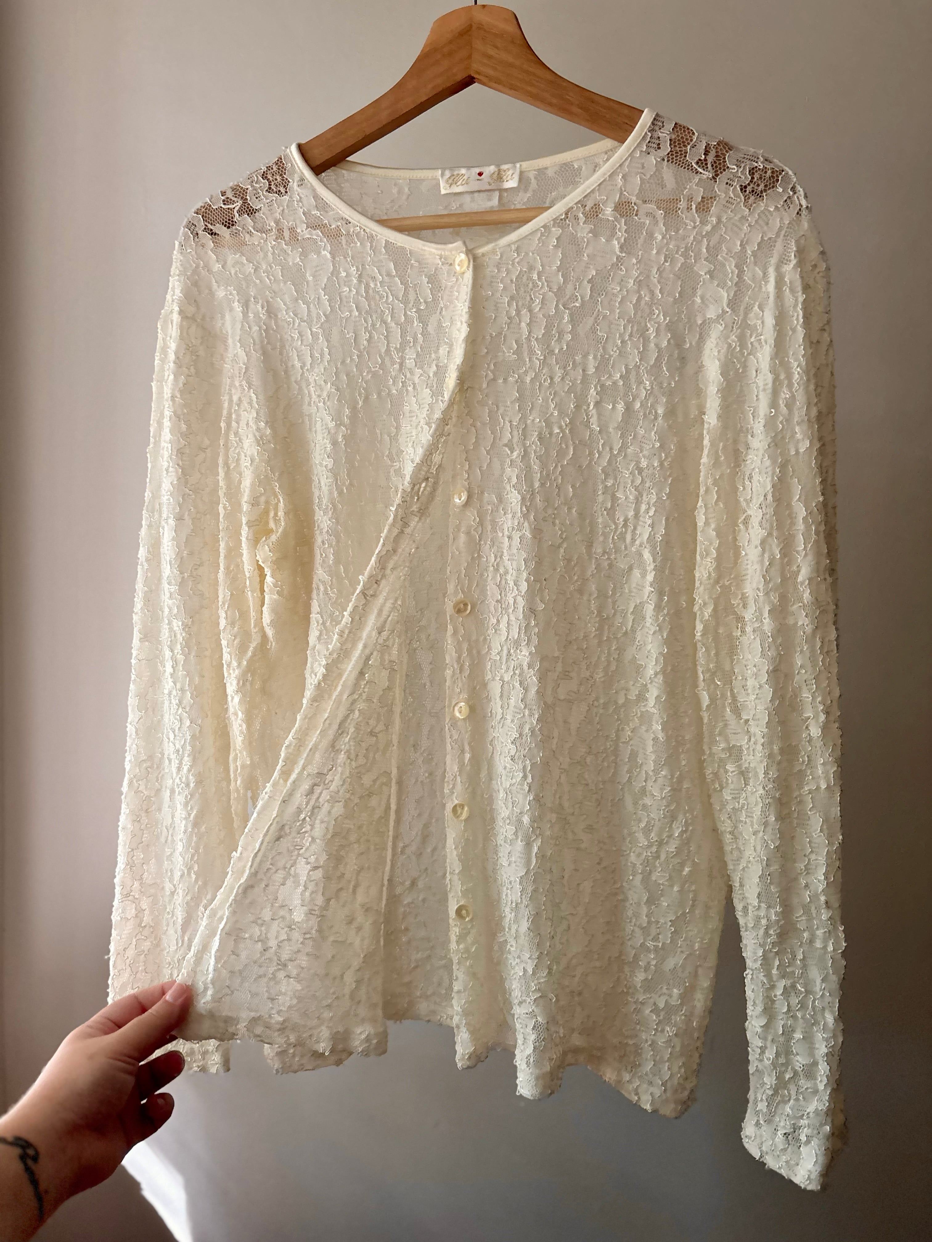 1990s Cream Lace Cardigan | Vintage Sheer Long Sleeve