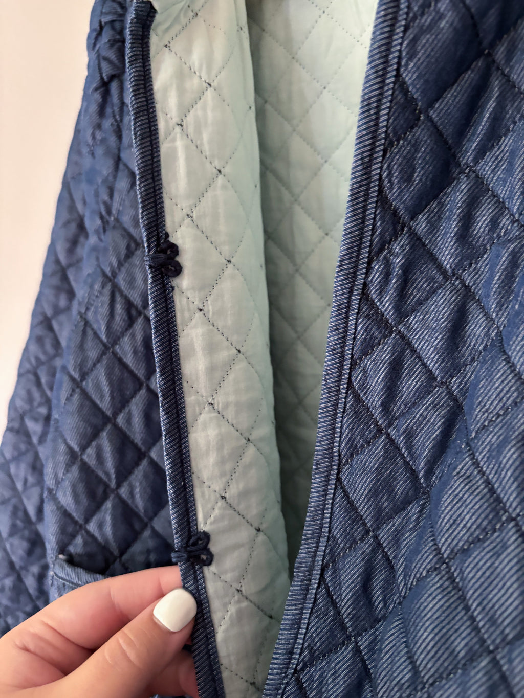 Quilted Blue Cotton Jacket with Ruffle Trim