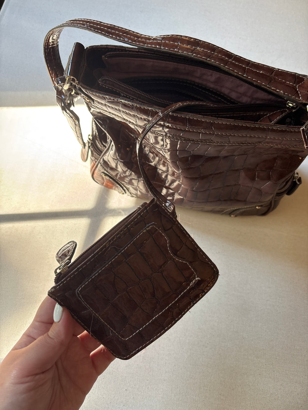 Y2K Brown Faux Aligator Shoulder Bag with Card Holder