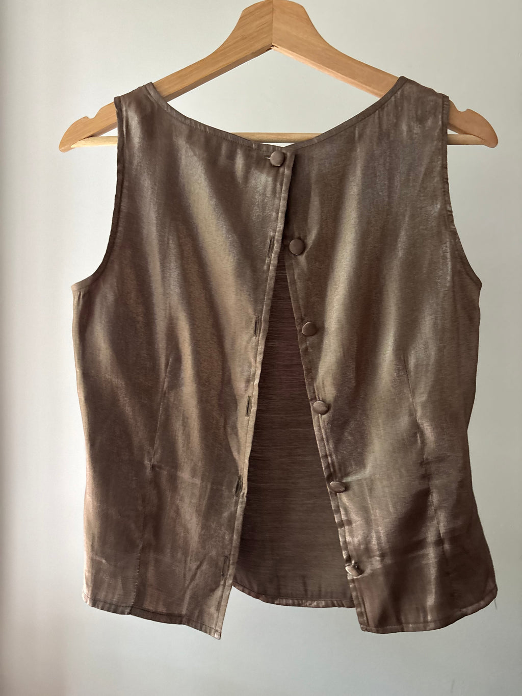 1990s Shiny Brown Top with Button-Up Back