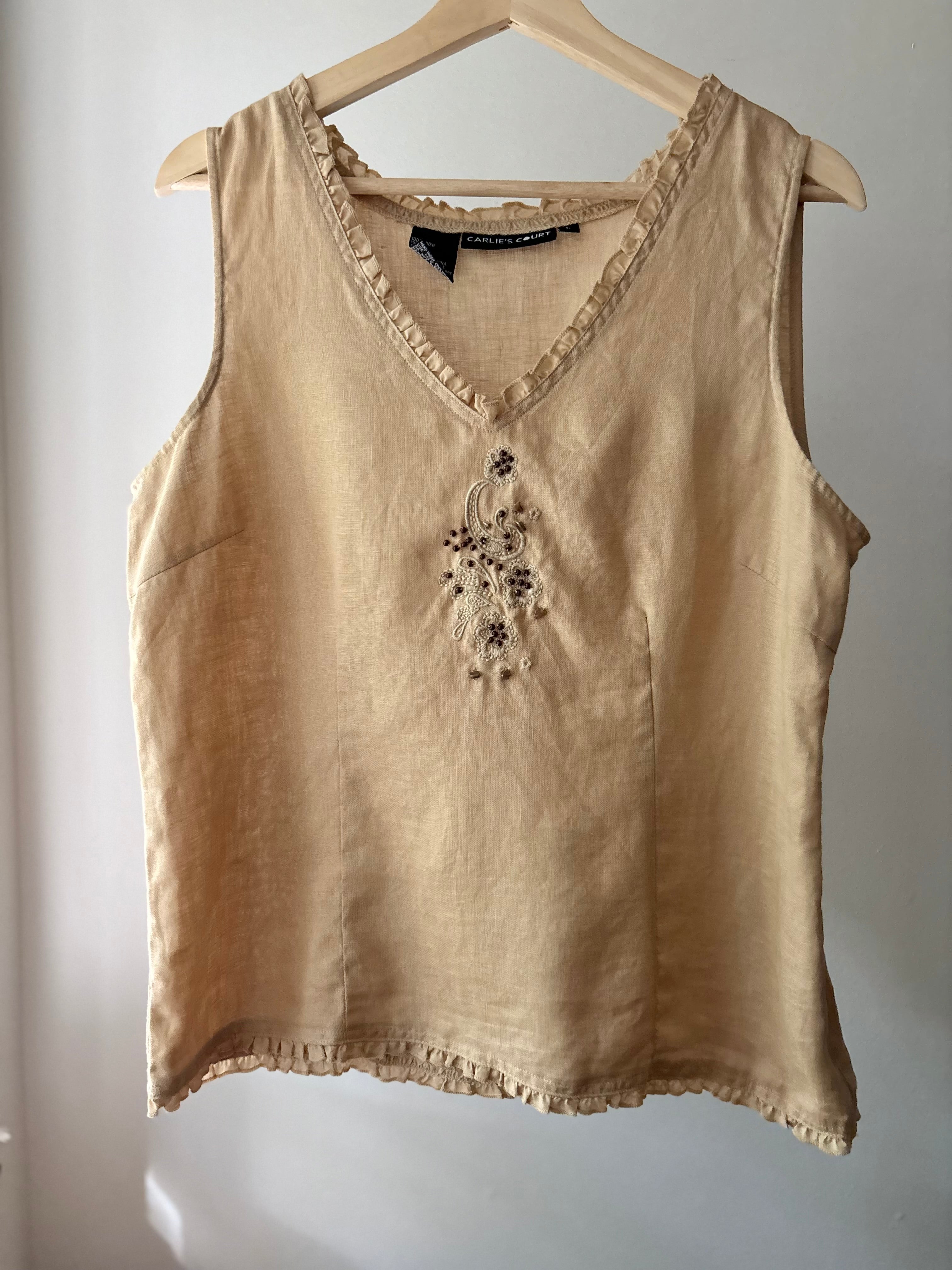 1990s Beaded Linen Top with Ruffle Hem