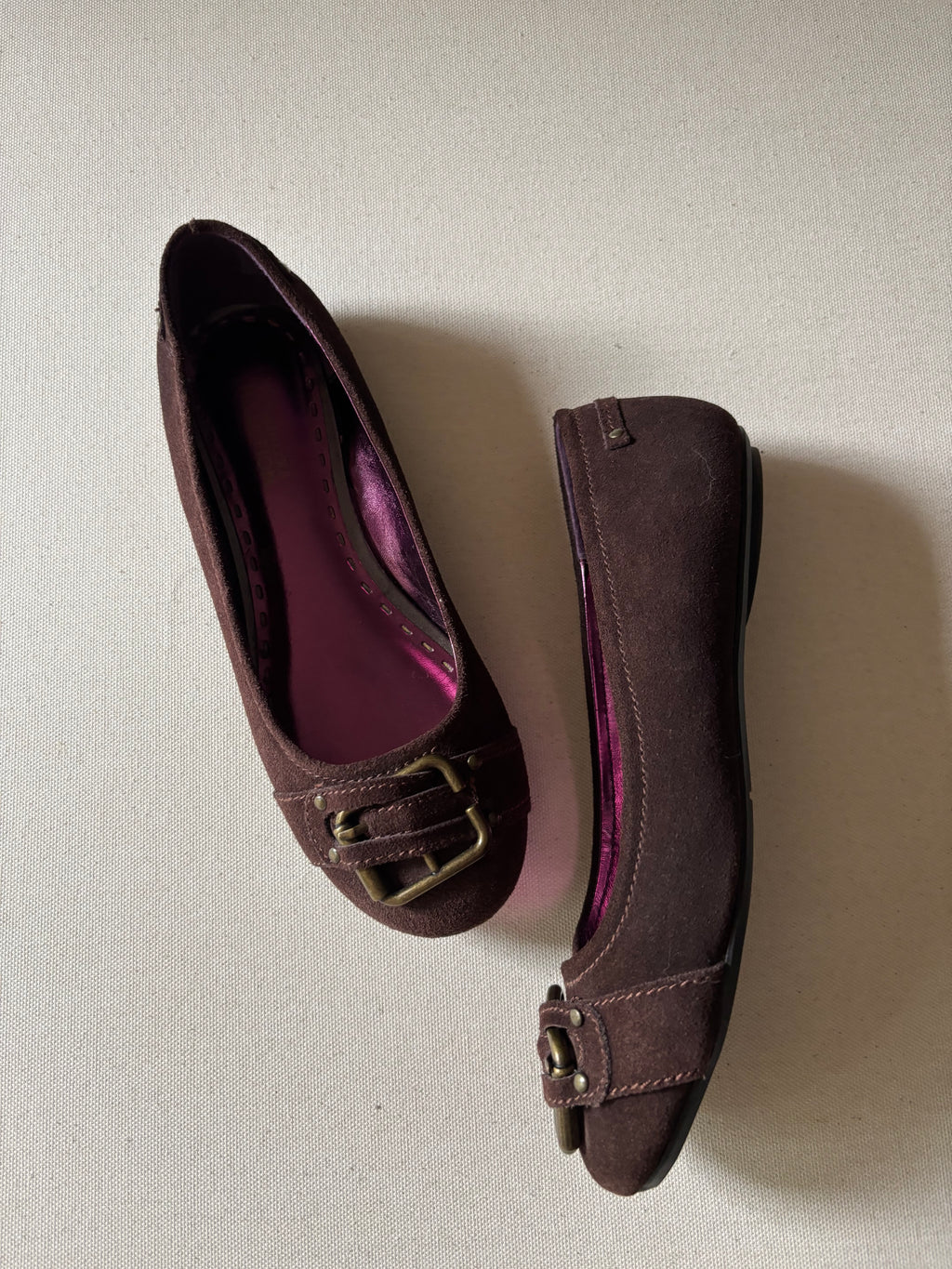 Y2K Brown Suede Ballet Flats with Buckle