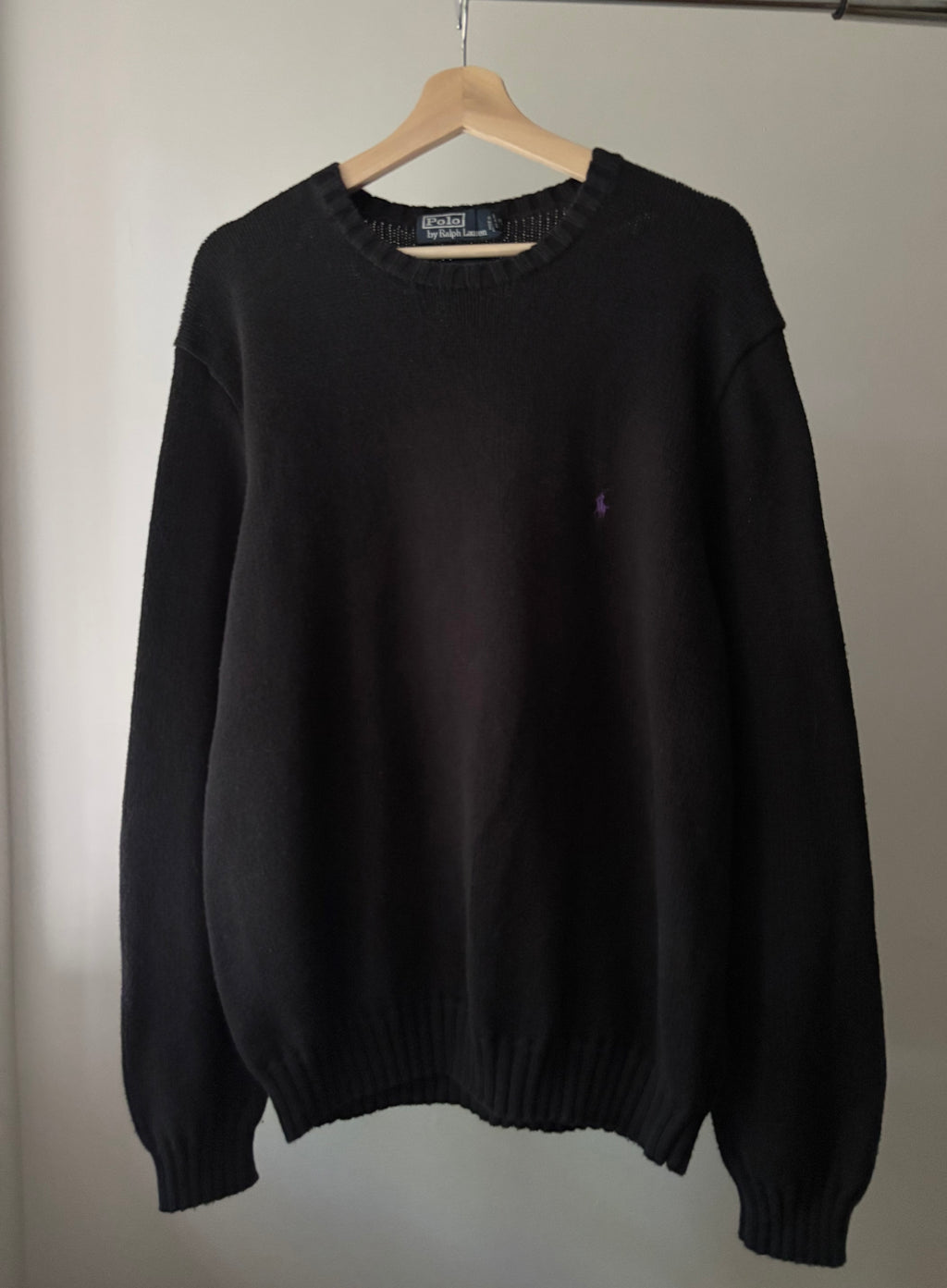 1990s Black Ralph Lauren Crew Knit with Purple Pony