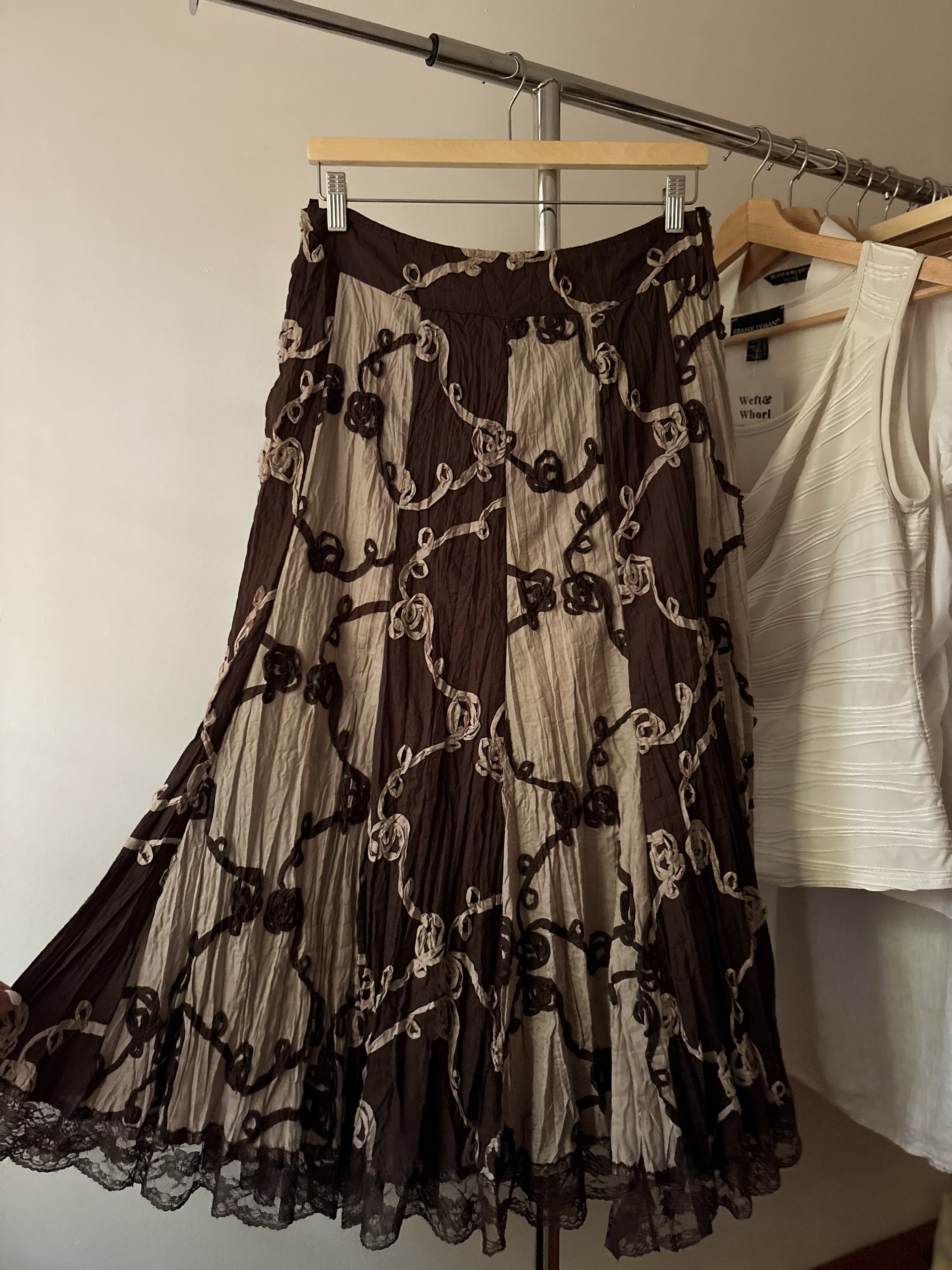 Y2K Brown Textured Maxi Skirt with Lace Trim | Size 31”