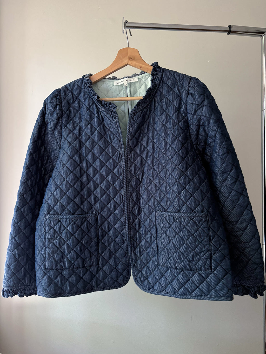 Quilted Blue Cotton Jacket with Ruffle Trim