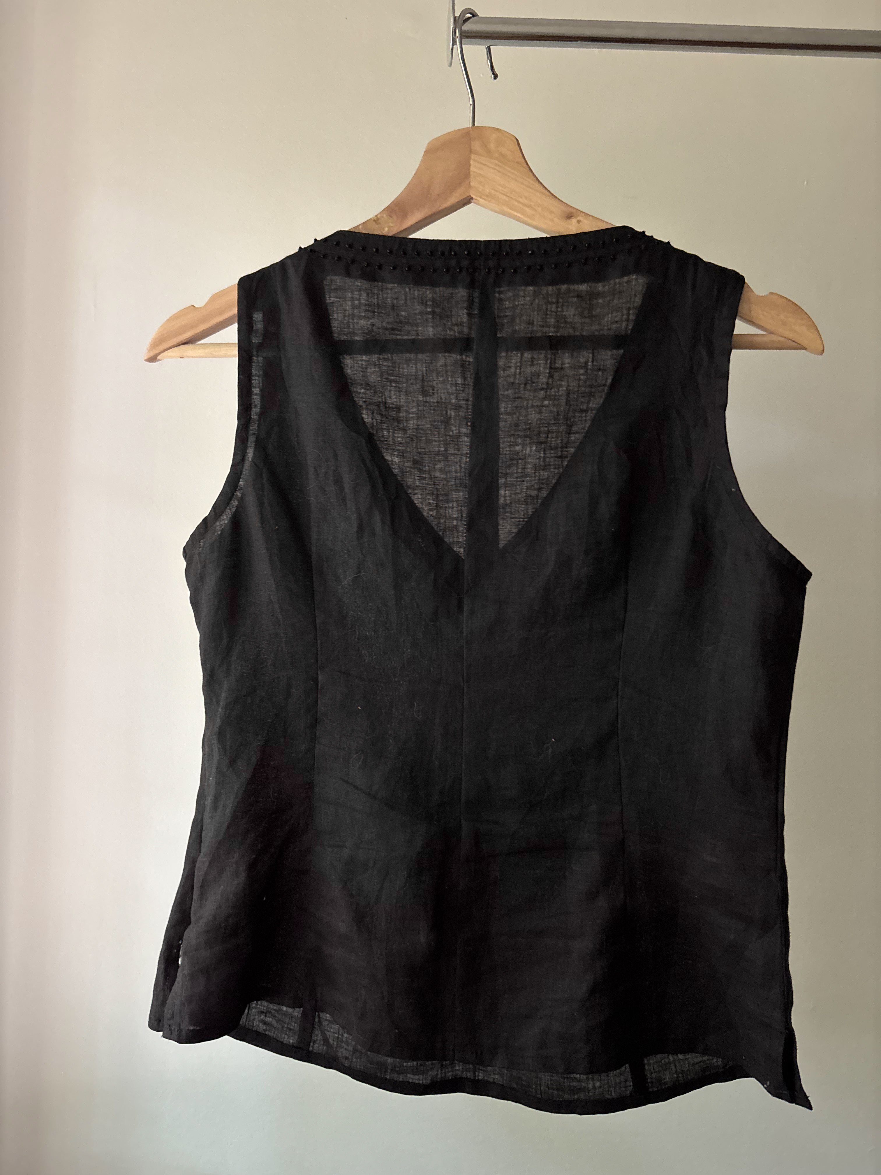 Y2K Black Linen Top with Beaded Flower