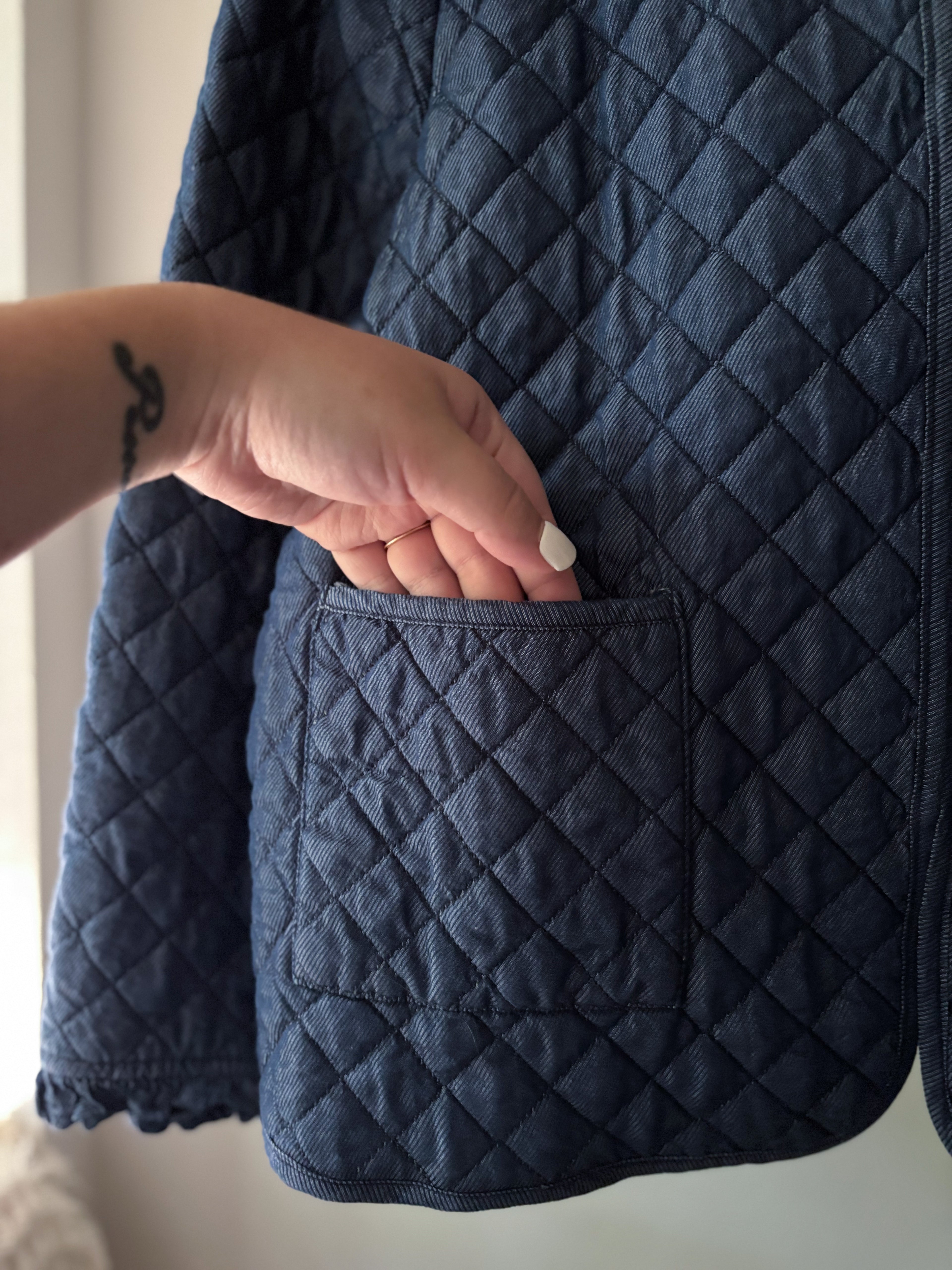 Quilted Blue Cotton Jacket with Ruffle Trim