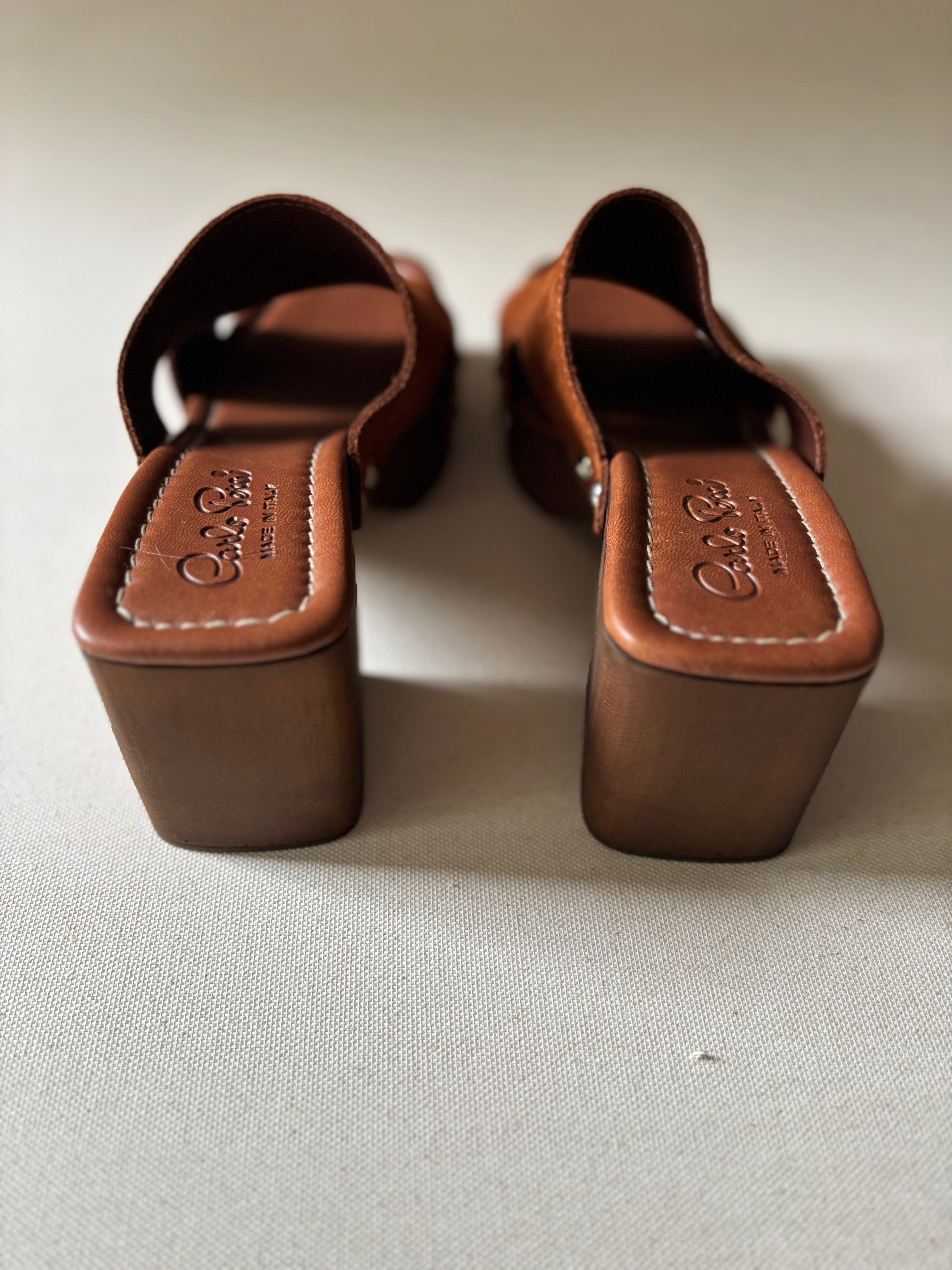 Y2K Italian Leather Block Heel Sandals with Studs