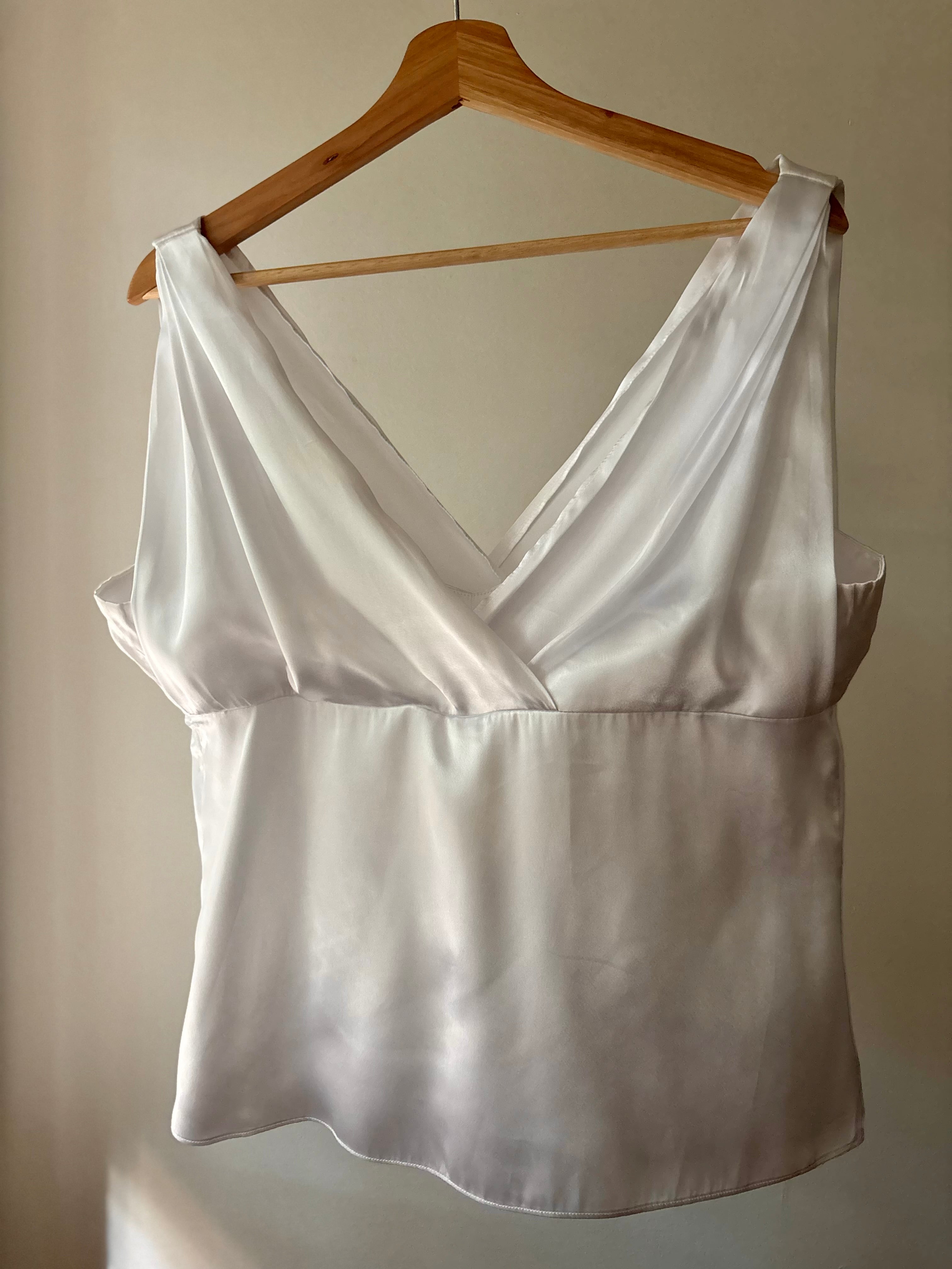 1990s White Satin Deep V Top with Interior Camisole