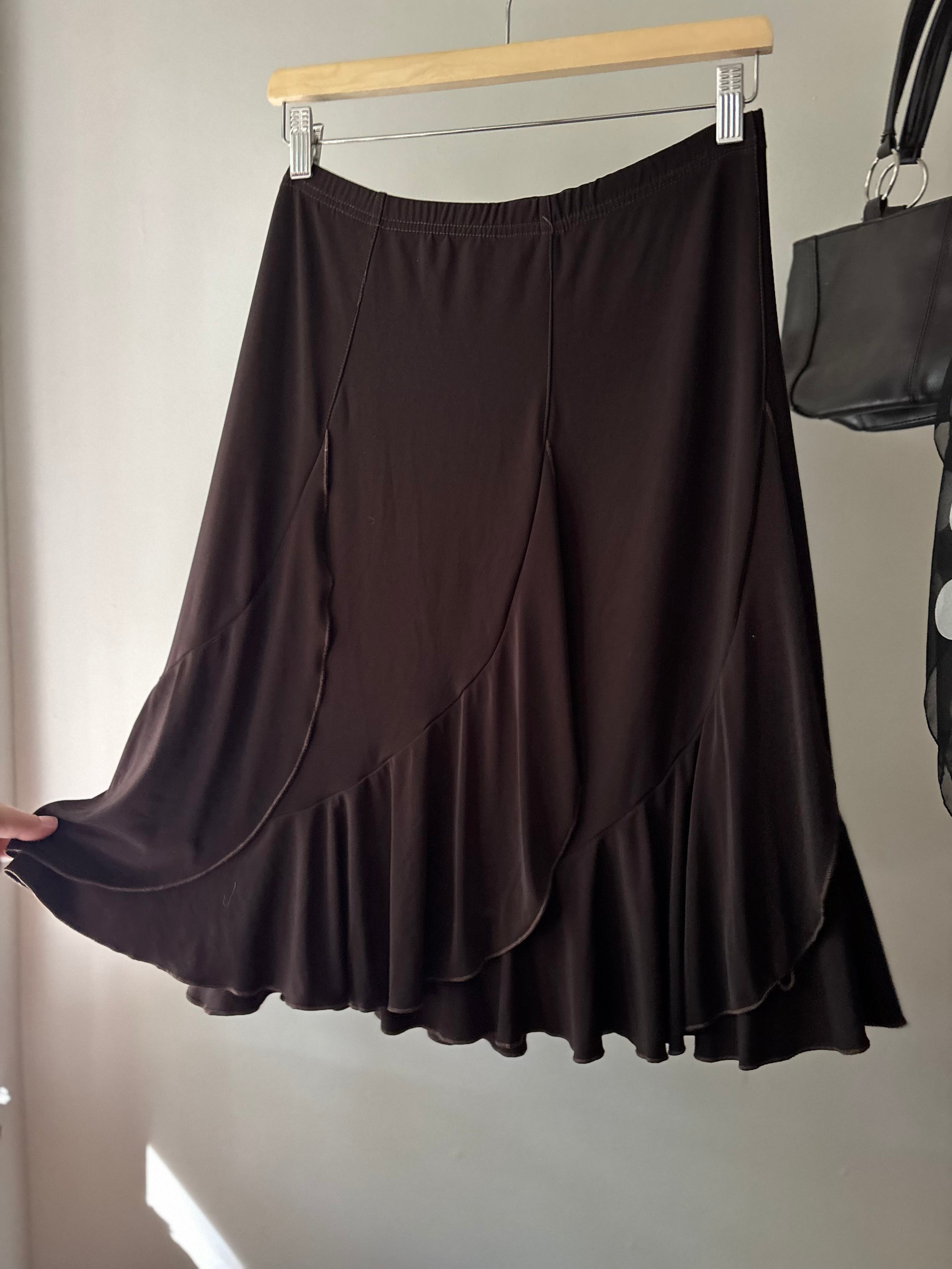 1990s Jersey Asymmetrical Brown Midi Skirt | Size 30-36”