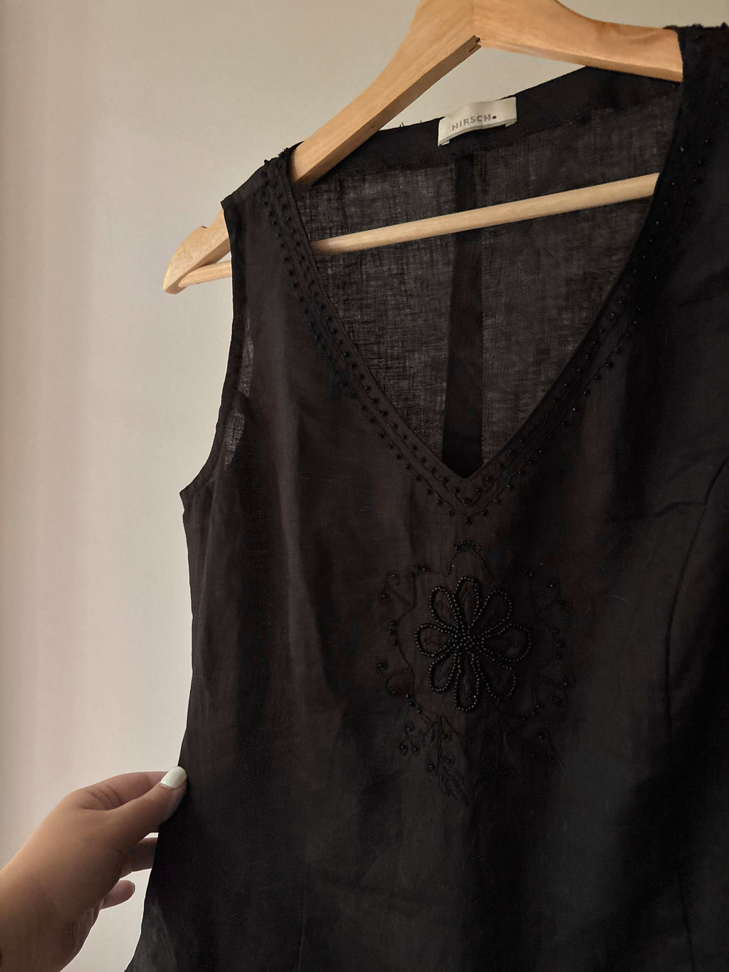 Y2K Black Linen Top with Beaded Flower