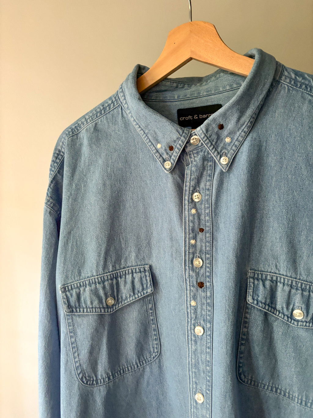 Upcycled Embroidered Vintage Light Wash Denim Shirt with Polka Dots