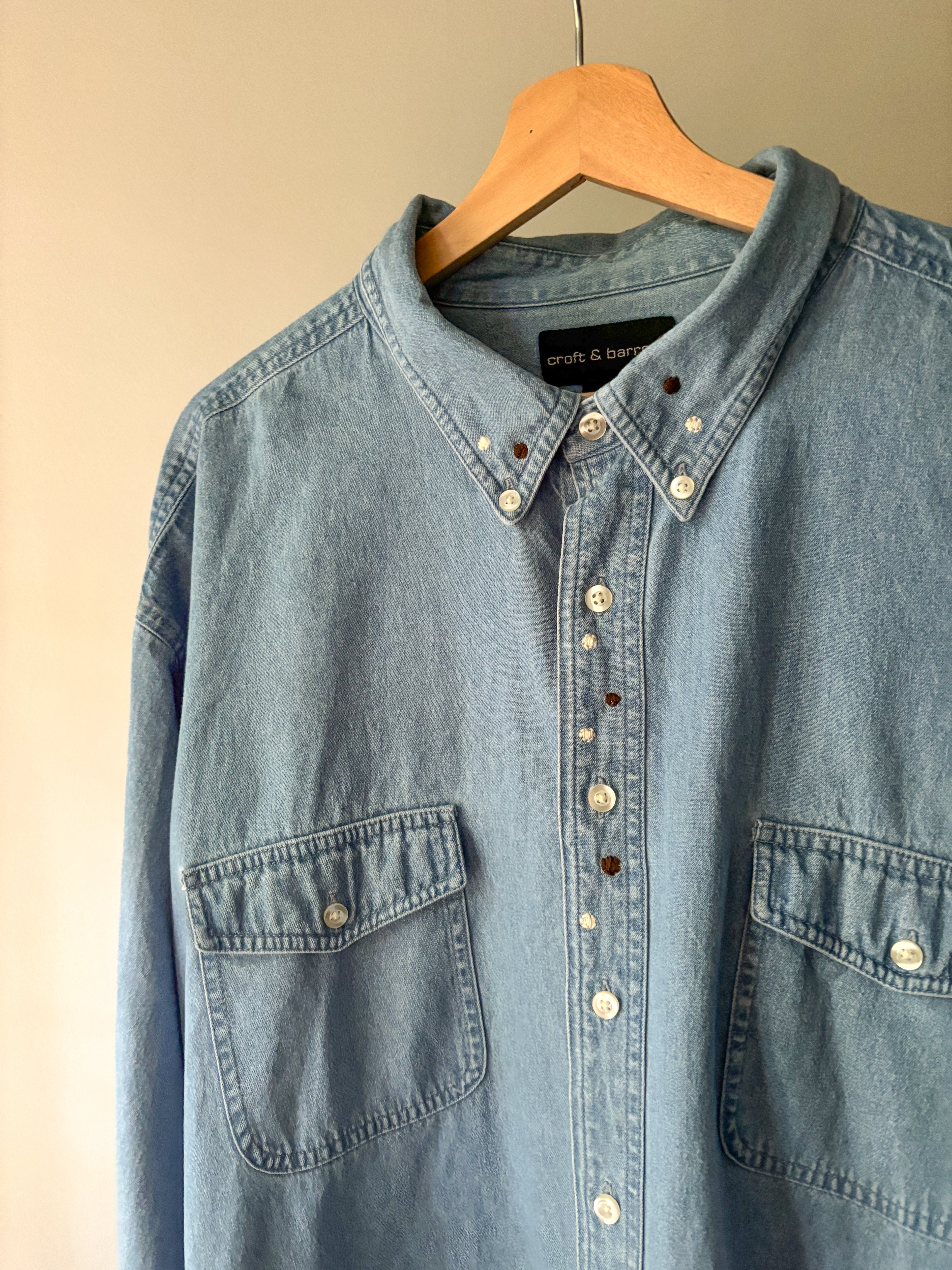 Upcycled Embroidered Vintage Light Wash Denim Shirt with Polka Dots