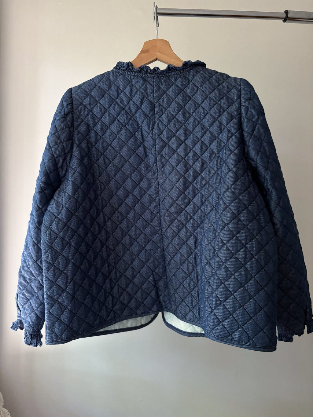 Quilted Blue Cotton Jacket with Ruffle Trim
