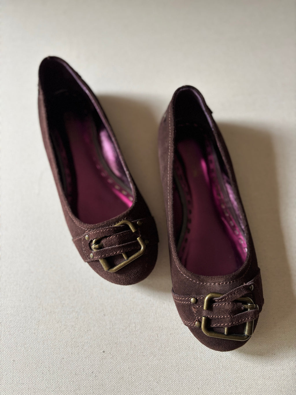Y2K Brown Suede Ballet Flats with Buckle