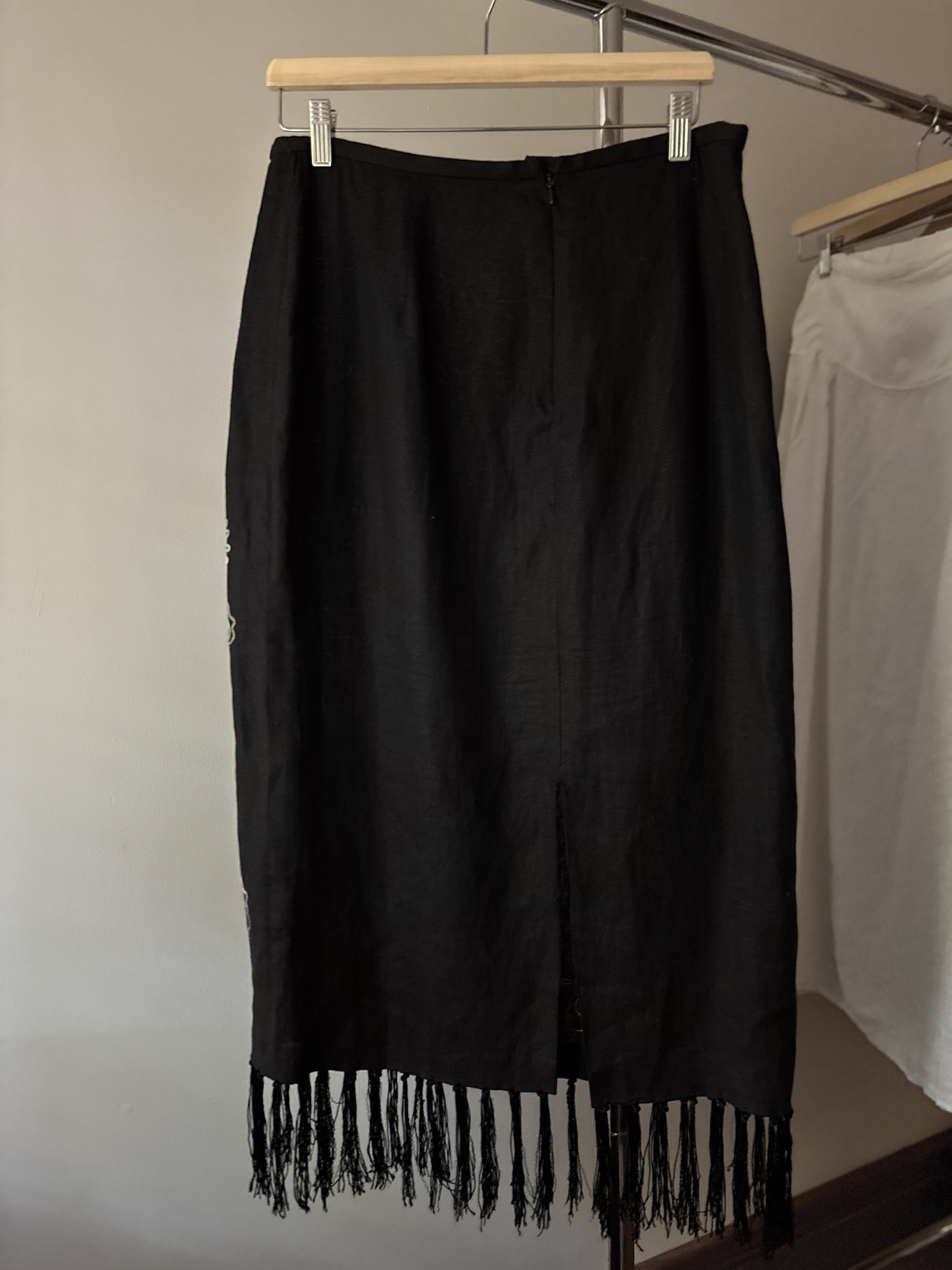 Y2K Embroidered Floral Linen Maxi Skirt with Fringe | Size 30”