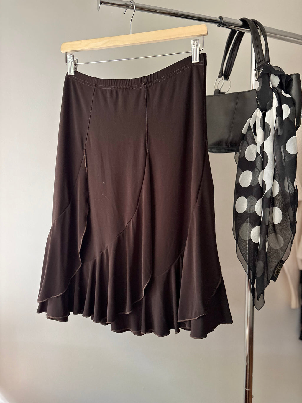 1990s Jersey Asymmetrical Brown Midi Skirt | Size 30-36”