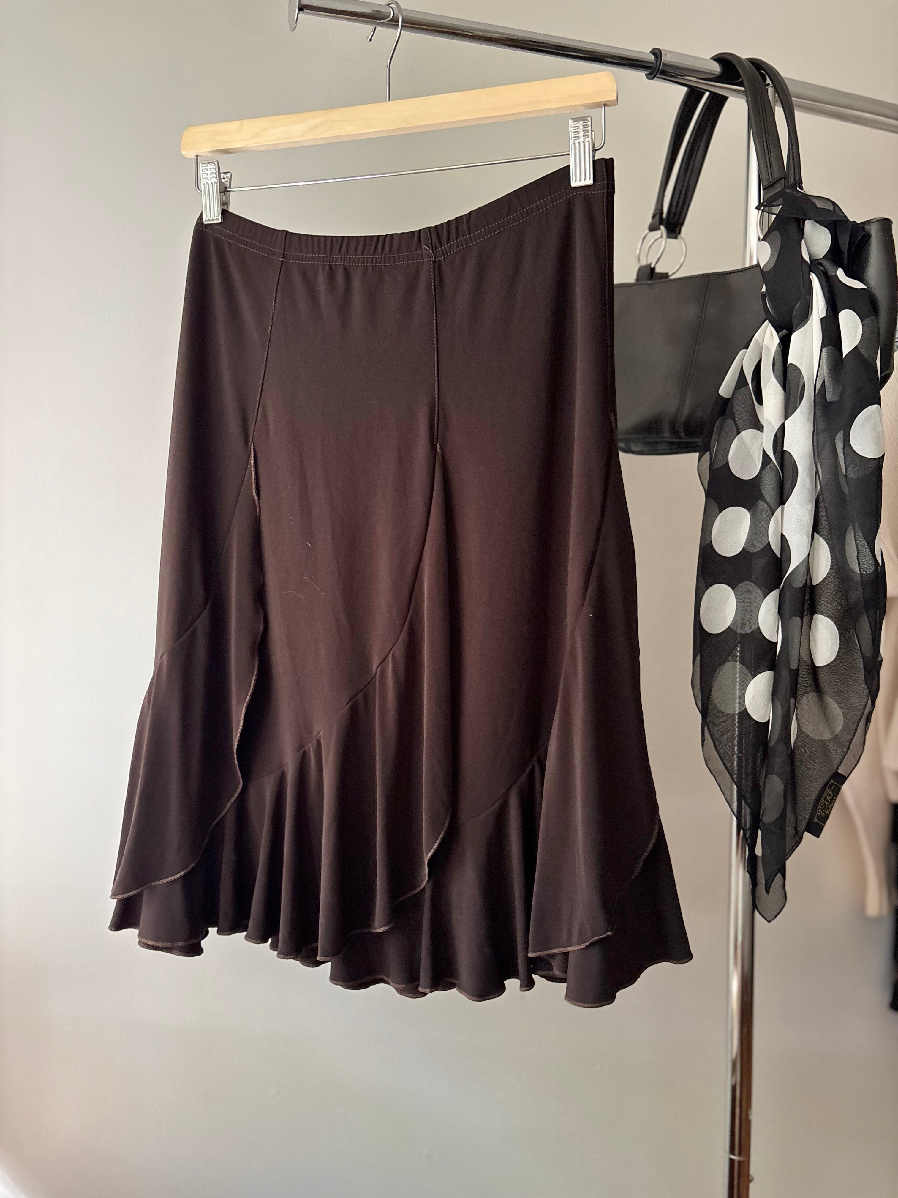 1990s Jersey Asymmetrical Brown Midi Skirt | Size 30-36”