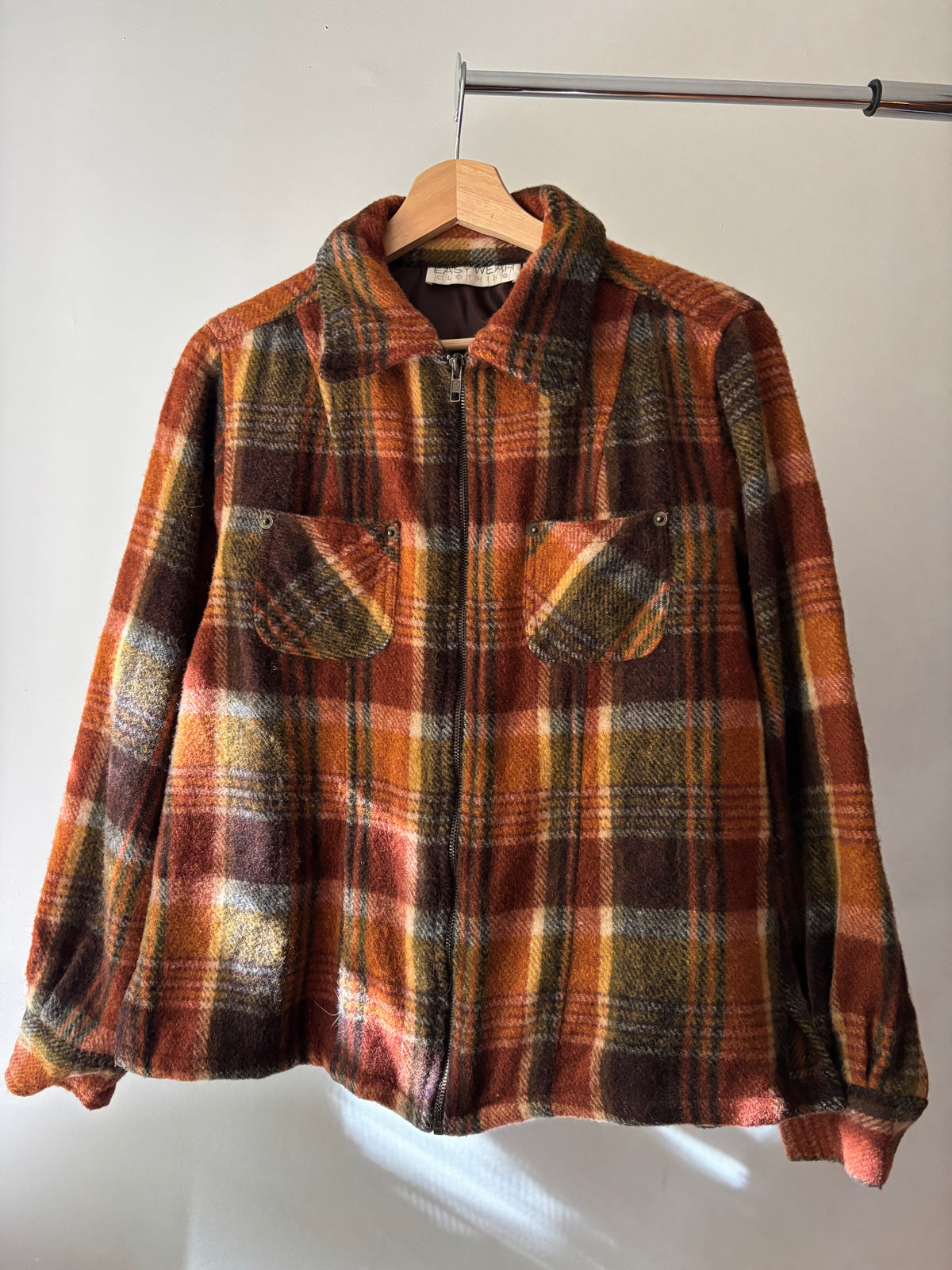 1990s Autumnal Wool Plaid Zip-Up Flannel Jacket