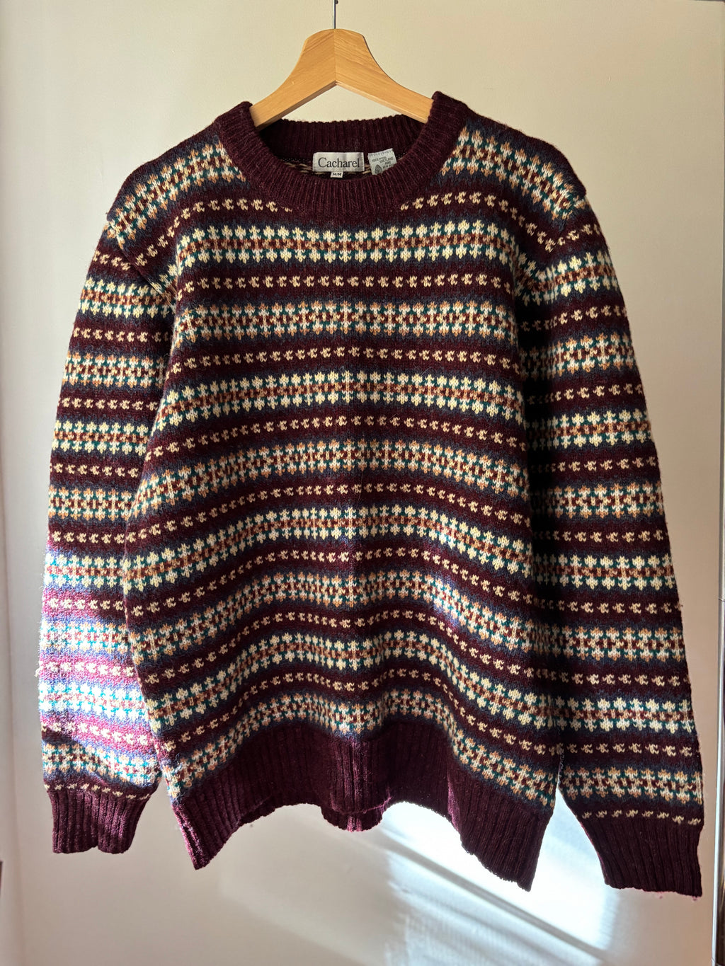 1990s Shetland Wool Burgundy & Multicoloured Sweater