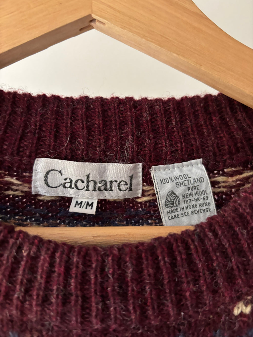 1990s Shetland Wool Burgundy & Multicoloured Sweater