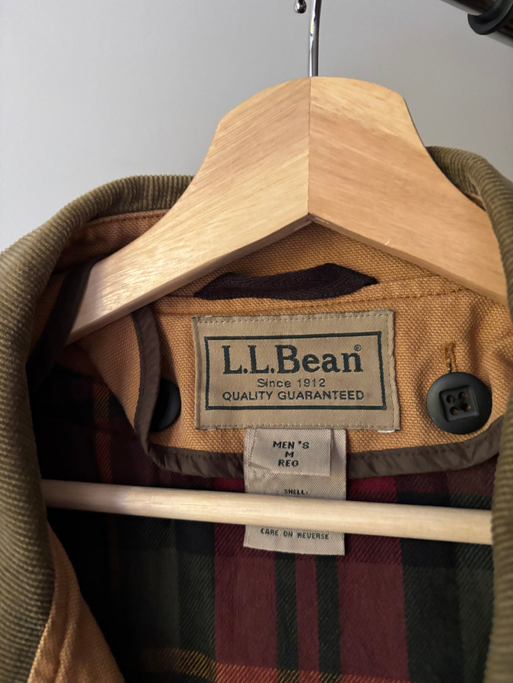 1990s Warm Plaid-Lined L.L. Bean Chore Coat with Green Corduroy Trim