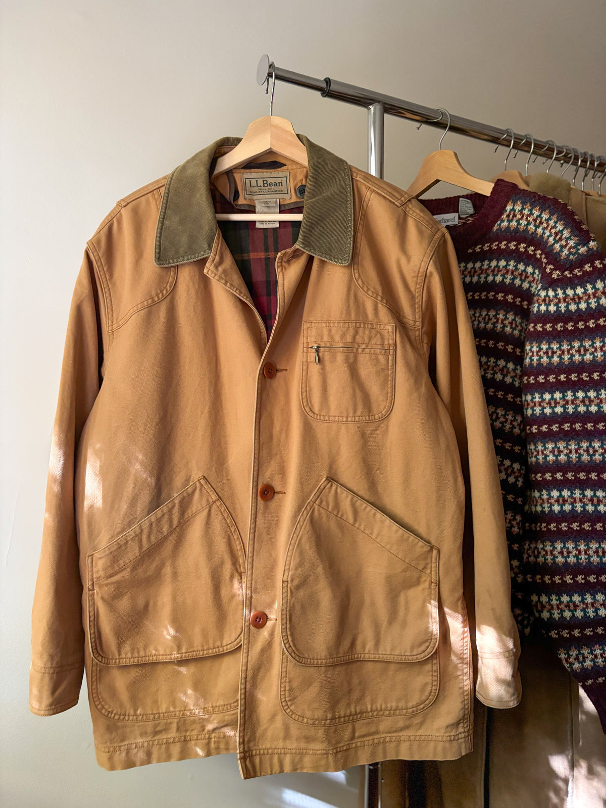 1990s Warm Plaid-Lined L.L. Bean Chore Coat with Green Corduroy Trim