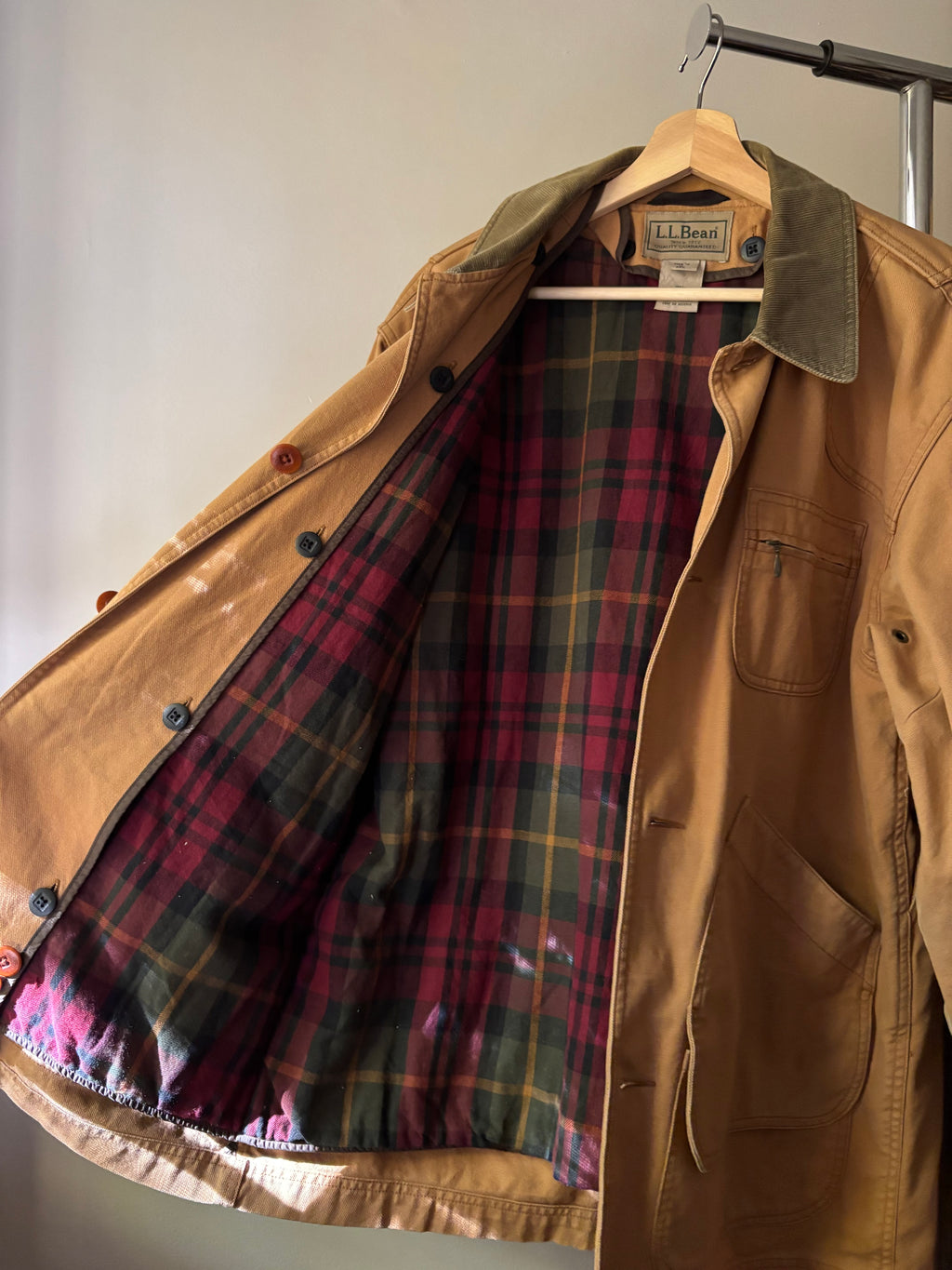 1990s Warm Plaid-Lined L.L. Bean Chore Coat with Green Corduroy Trim