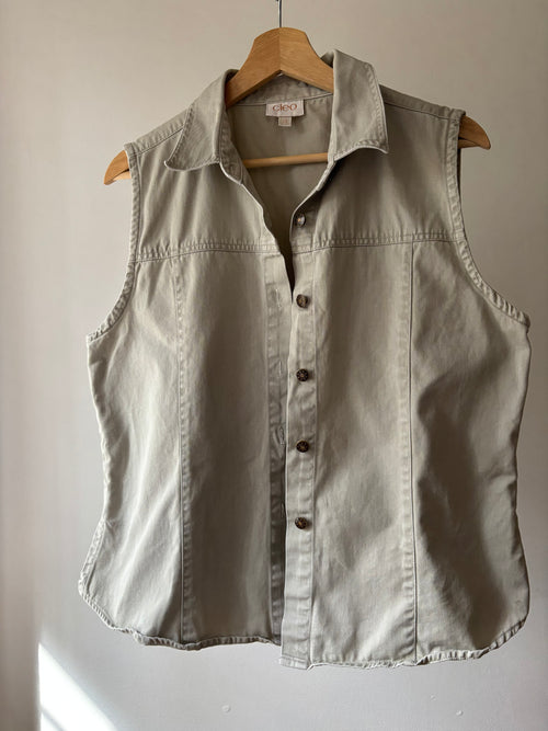 1990s Beige Cotton Sleeveless Blouse | Vintage Denim Top