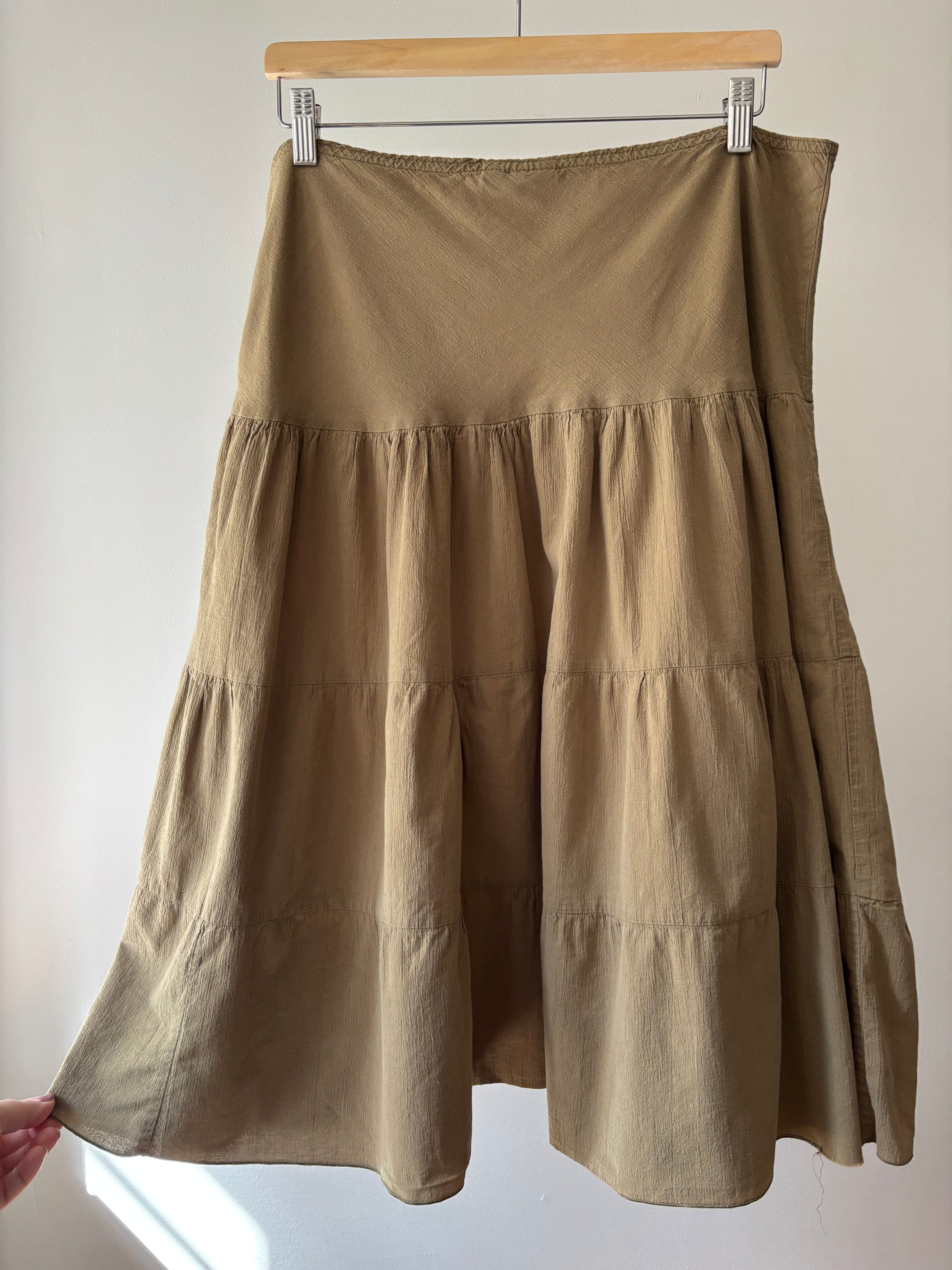 1990s Olive Green Tiered Cotton Skirt | 36" waist
