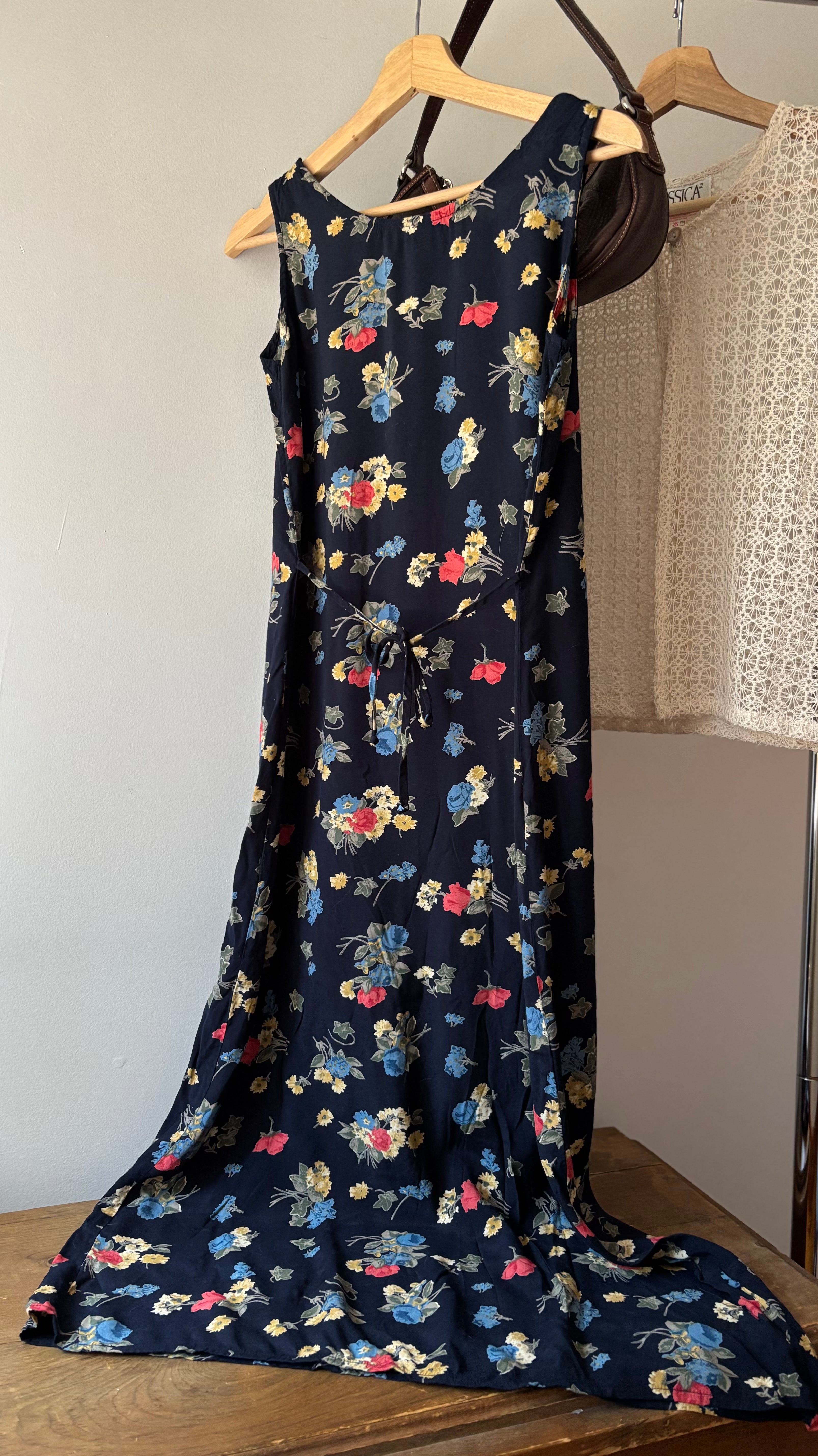 1990s Tie-Back Floral Maxi Dress | Vintage High Neck Dress | Sz Small