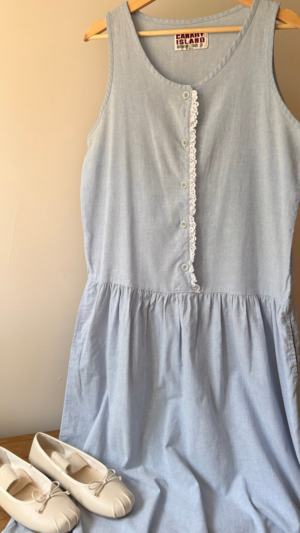 1990s Drop Waist Blue Cotton Maxi Dress with Pockets | Sz S/M