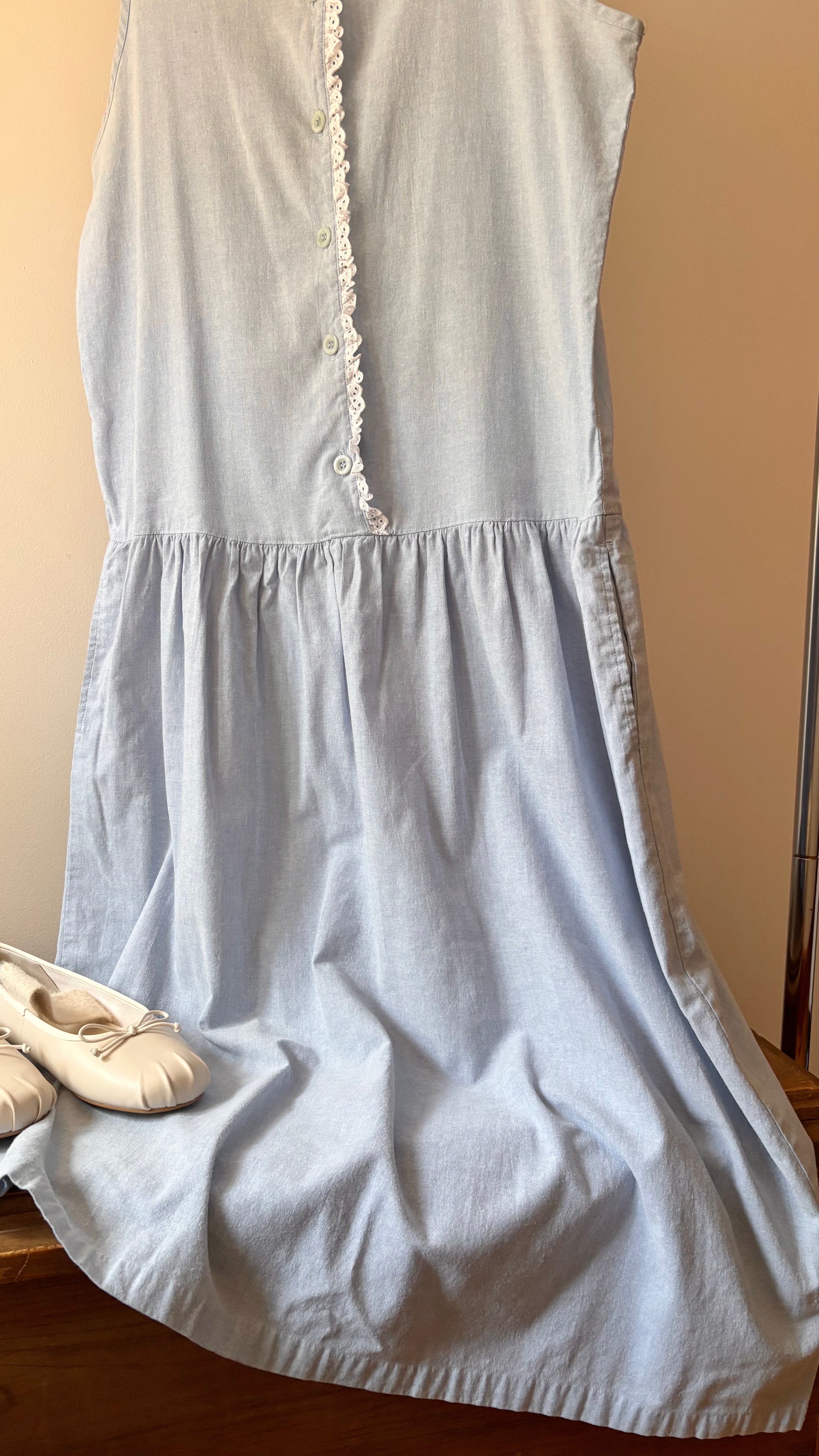 1990s Drop Waist Blue Cotton Maxi Dress with Pockets | Sz S/M
