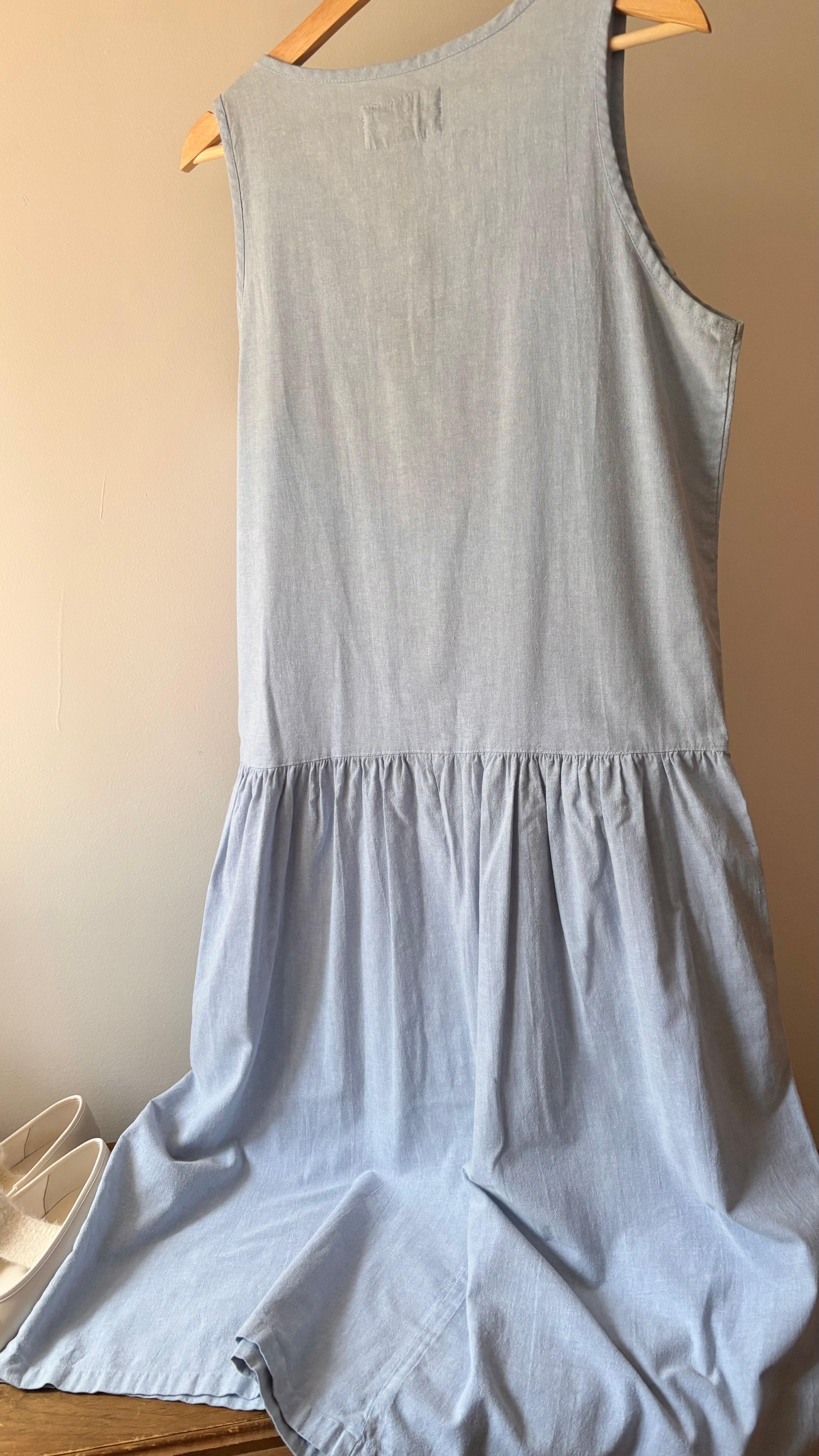 1990s Drop Waist Blue Cotton Maxi Dress with Pockets | Sz S/M
