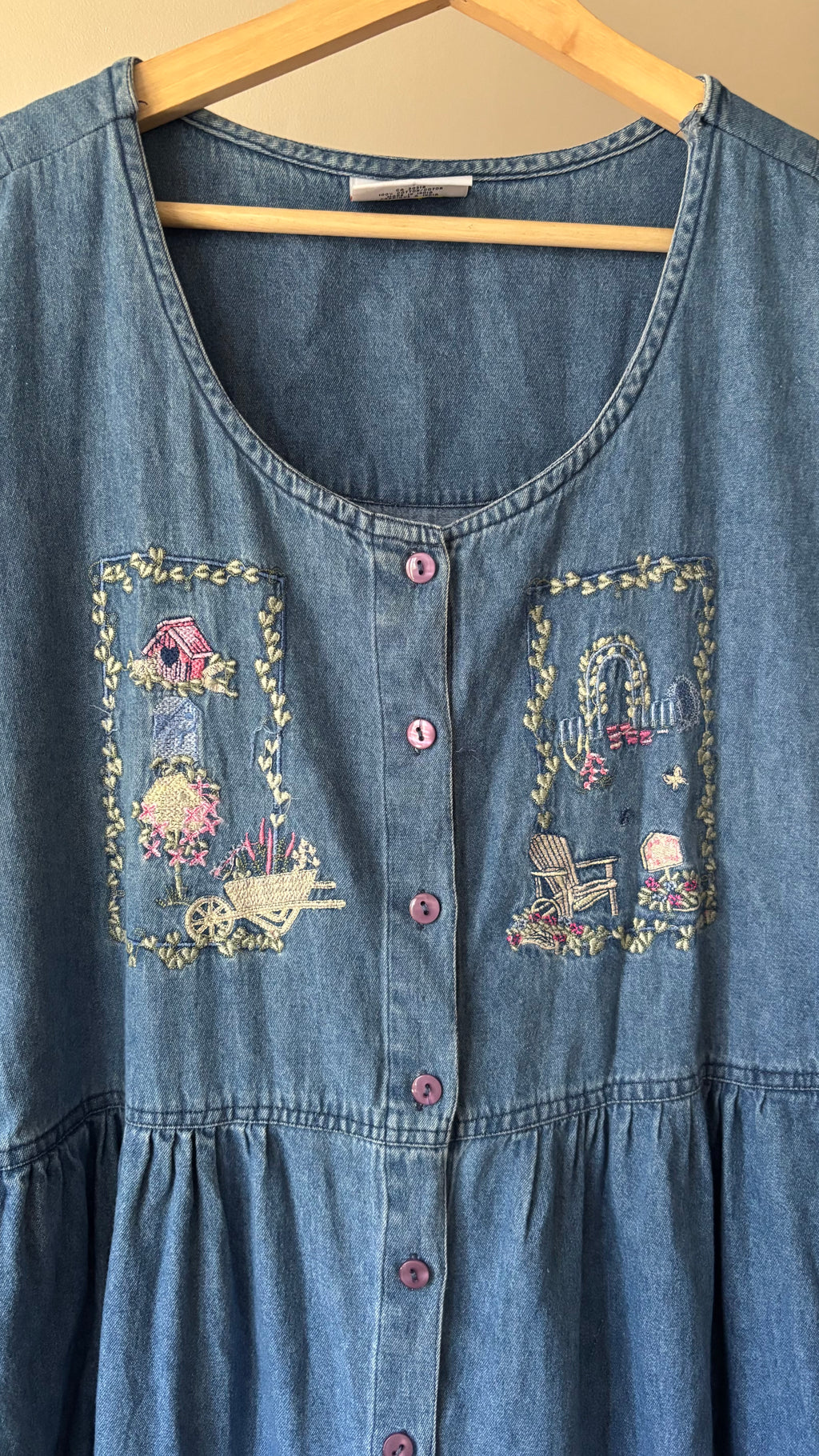 1990s Embroidered Cottage Denim Maxi Dress with Pockets | Sz Medium