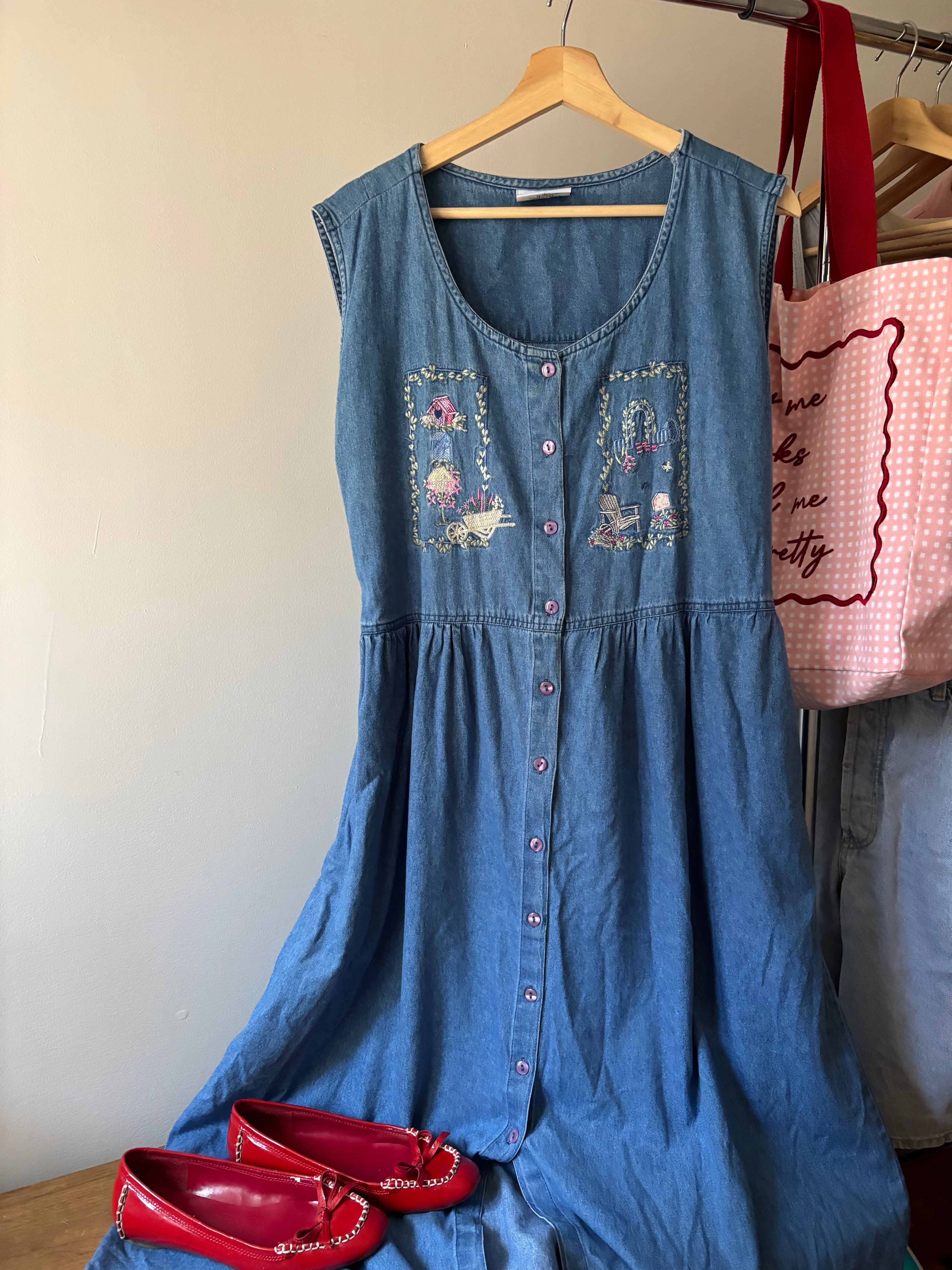 1990s Embroidered Cottage Denim Maxi Dress with Pockets | Sz Medium