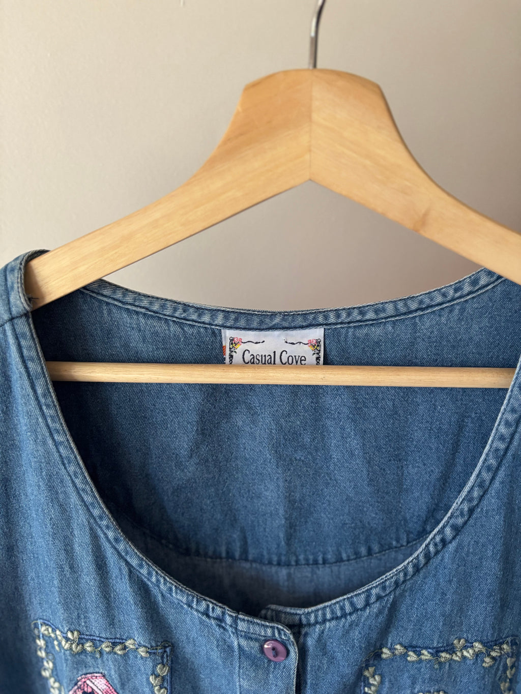 1990s Embroidered Cottage Denim Maxi Dress with Pockets | Sz Medium