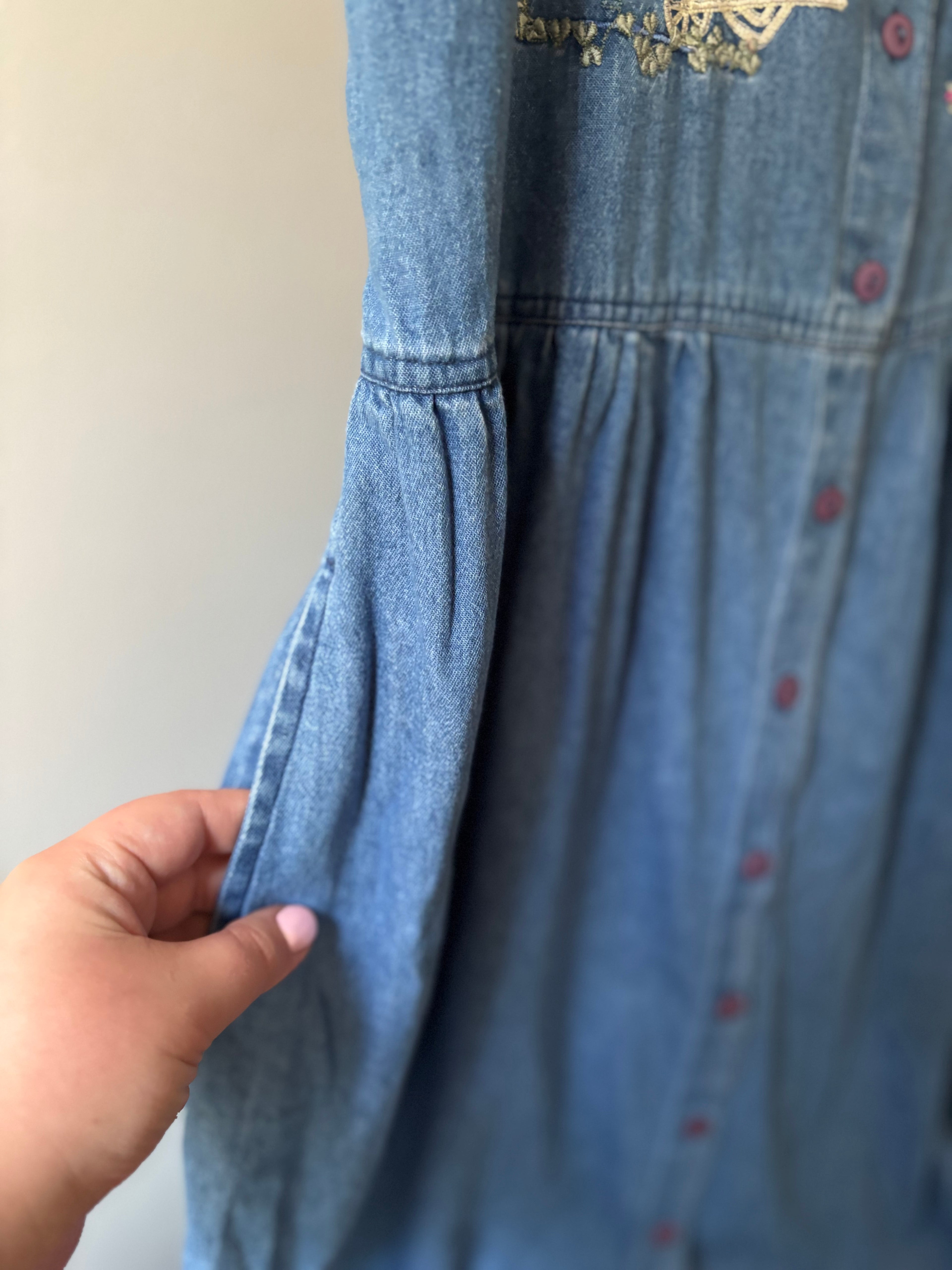 1990s Embroidered Cottage Denim Maxi Dress with Pockets | Sz Medium