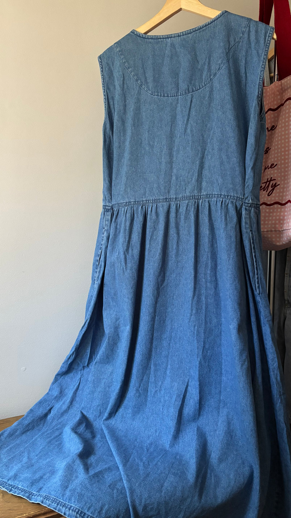 1990s Embroidered Cottage Denim Maxi Dress with Pockets | Sz Medium